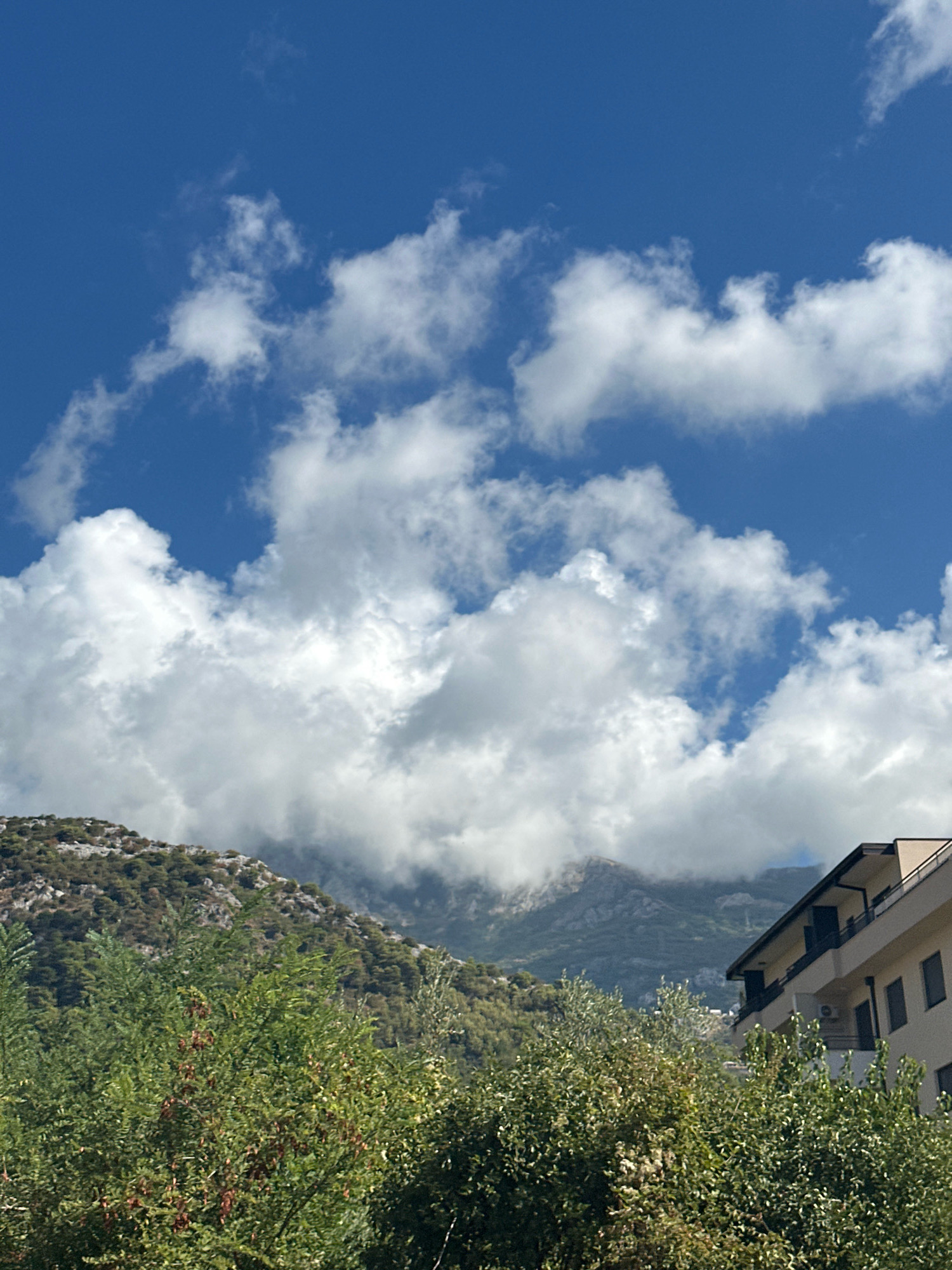 The image captures a view of a modern apartment building situated on a hillside in Budva, Montenegro. The building, with its cream-colored facade and dark-framed windows, is partially obscured by lush green foliage in the foreground. Beyond the greenery, a rugged, mountainous landscape rises, with some peaks shrouded in billowing white clouds against a bright blue sky. The scene appears to be a residential area, offering a glimpse of coastal architecture harmonizing with the natural mountainous terrain.