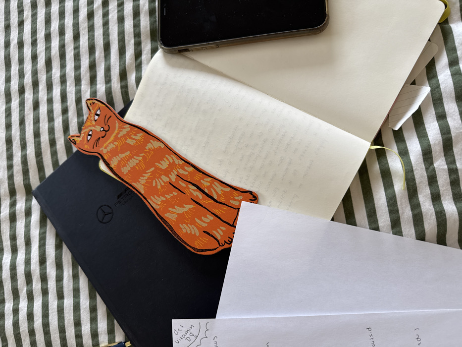 The image shows a flat lay of personal items on a striped green and white surface. A black smartphone sits atop an open journal with blank pages. A black notebook with a visible logo is partially covered by an orange cat-shaped bookmark. Loose papers with handwritten notes are scattered around. The scene is a mix of organized notebooks and loose papers, suggesting a workspace.