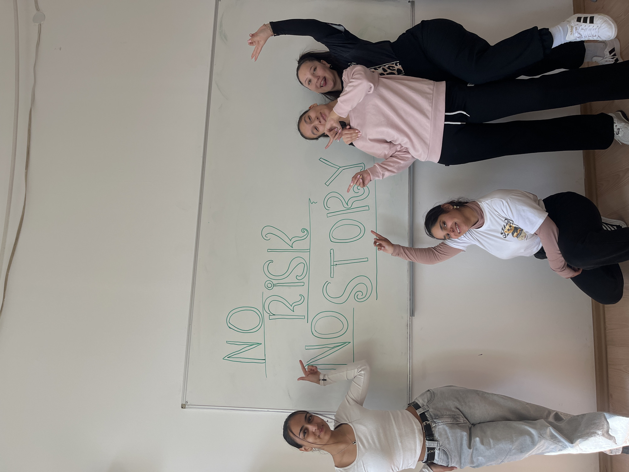 This image displays four young females posing indoors, likely in a classroom, in the city of Karnobat, Bulgaria. A large, horizontally oriented whiteboard with a silver frame is mounted on a plain white wall, centered in the upper half of the frame. The whiteboard displays the green outlined text "NO RISK NO STORY" in two lines.
From left to right:
1. A female stands upright, facing slightly right, wearing a white ribbed long-sleeved crop top, light-wash blue jeans, and a black belt. She points both index fingers towards the whiteboard text to her right and smiles.
2. A female crouches in the bottom center, facing forward, wearing a white short-sleeved t-shirt with a graphic design over a light brown long-sleeved undershirt, and black sweatpants. She points her right index finger upwards towards the whiteboard and smiles.
3. A female stands, positioned to the right of the crouched individual, wearing a light pink long-sleeved sweatshirt and black wide-leg sweatpants with a white drawstring. She makes a peace sign with her left hand and leans her head towards the female on her immediate right.
4. A female stands on the far right, wearing a black long-sleeved shirt with leopard print detail on the front and black sweatpants. Her left arm is wrapped around the third female, her right arm is raised and bent at the elbow, and she playfully sticks out her tongue.
The floor is light brown wood. White electrical cables are visible running across the top of the white ceiling.