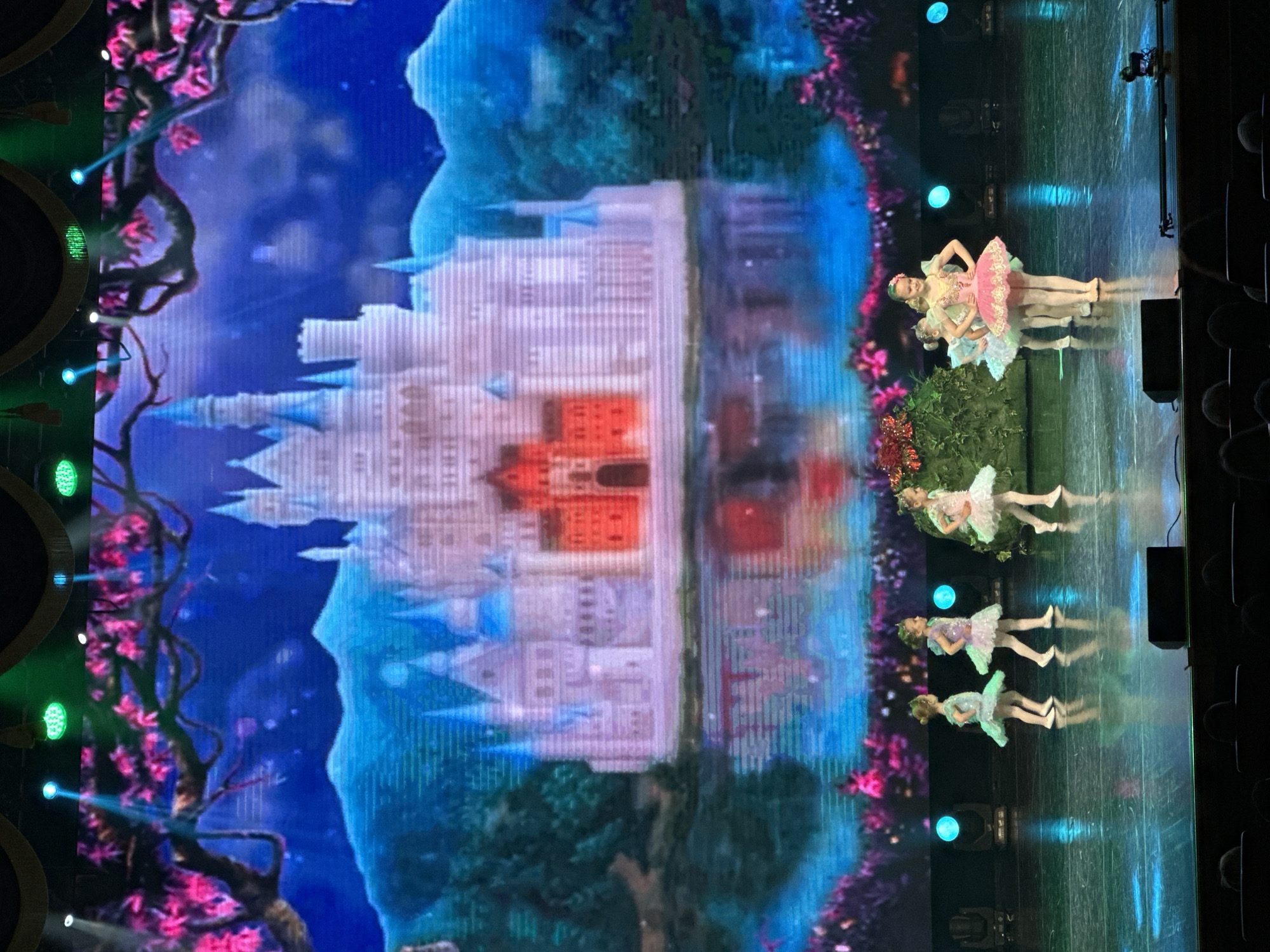 This image depicts an indoor stage performance at a venue in Khabarovsk, Russia. Six young female ballet dancers, appearing to be between 5 and 10 years old, are positioned across a dark, highly reflective stage floor. Their detailed reflections are clearly visible on the surface.
The stage backdrop is a large LED screen displaying a vibrant, fantastical digital landscape. The primary feature of the backdrop is a grand, multi-spired castle, predominantly white with blue and reddish-orange elements, reflected in a body of water. Surrounding the castle and water are rendered mountains or forests in various shades of blue and green. Large, dark tree branches with clusters of bright pink leaves extend into the frame from the top corners of the digital display.
The dancers are dressed in ballet tutus and ballet shoes. Two dancers on the far left wear light blue/mint green tutus, two in the middle wear light purple tutus, and two on the right wear light pink tutus. One dancer on the far right also has a green, leafy costume element attached to her back. The dancer in the foreground, wearing a pink tutu, stands facing the audience with a ballet pose, while the other dancers appear to be in various stages of movement or walking across the stage from left to right.
On the right side of the physical stage, a large, dark green, leafy stage prop with red floral accents is present. Above the stage, multiple stage lights are visible, emitting blue and green beams that illuminate the performance area. Dark silhouettes of audience members' heads are visible in the foreground at the bottom of the image, indicating their presence.