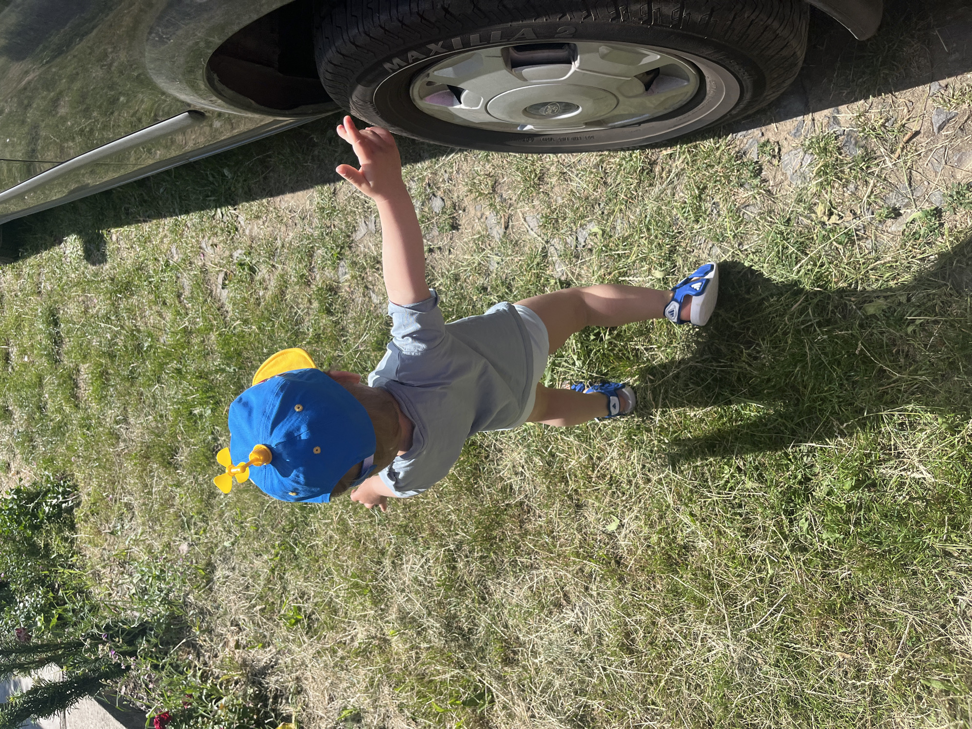A high-angle, outdoor photograph depicts a toddler standing on a grassy and dirt surface next to a parked dark-colored vehicle in Onokivtsi, Ukraine. The child, viewed from behind, wears a light blue short-sleeved t-shirt, light-colored shorts or a diaper, and blue and white Adidas sandals. A blue baseball cap with a yellow brim and a yellow propeller on top is worn on the child's head. The child's right arm is extended forward, with the hand pointing towards the rear tire of the adjacent vehicle. The vehicle, a dark-colored (possibly dark green or grey) automobile, shows its side body and rear wheel. The wheel is fitted with a silver-toned hubcap bearing a Ford logo and a tire marked "MAXIMA." The ground beneath the child and extending into the background is a mix of green and dry grass, interspersed with patches of exposed dirt. Strong shadows from the child and the vehicle are cast on the ground, indicating direct sunlight. In the upper left background, dense green foliage, including bushes with small red and purple flowers, is visible alongside a concrete curb.