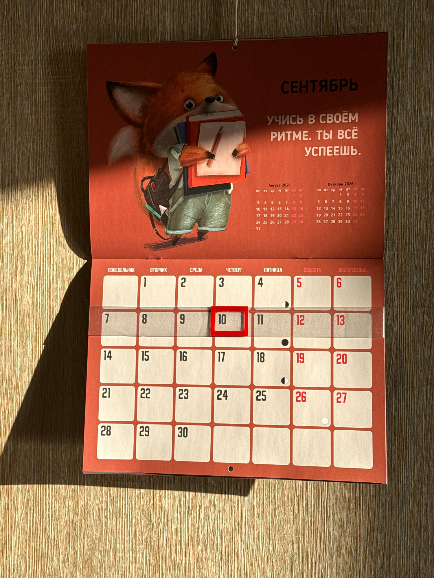 A close-up, eye-level shot captures a wall calendar against a textured wooden surface, likely a wall or desk. The calendar, predominantly orange, features an illustration of a fox wearing a backpack and holding books and pencils. The calendar is open to September, displaying a grid of days. The word "СЕНТЯБРЬ" (September) is prominently displayed at the top. Below the illustration, a Russian phrase translates to "Study at your own pace. You will succeed." Two smaller monthly calendars for August and October 2026 are visible above the main September calendar. A bright light, possibly sunlight, casts a strong shadow across the left side of the calendar and the wooden surface. The scene is static and depicts a still life. No people or active events are present. The exact location in Lyubertsy, Russia, cannot be determined from the visual information.