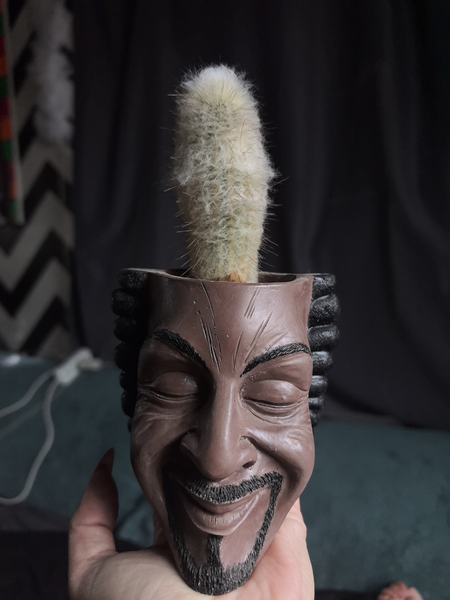 This close-up image features a unique potted plant held by a person's hand. The central subject is a dark brown, head-shaped planter, intricately sculpted to depict a smiling person with closed eyes, a mustache, and a goatee. Stylized dreadlocks or braids are integrated into the sides of the planter, forming its "hair." A tall, slender cactus with dense, white, hair-like spines emerges from the top of the head-planter.
A human hand, with long, manicured fingernails, is visible at the bottom of the frame, gently supporting the planter. The background is soft and blurred, dominated by a dark, solid fabric, possibly a curtain or drapery. To the left, a distinct chevron pattern in shades of dark and light grey is partially visible on another surface or object. A white cable rests on a dark teal or green fabric surface, likely part of furniture. A small, fluffy white object is also faintly visible in the upper left background.
The scene is set indoors, suggesting a home environment. The activity depicted is the holding or presentation of this decorative plant. The smiling expression on the planter conveys a sense of whimsy and serenity. No specific time of day, weather conditions, or textual elements are discernible from the image. While the location context is Noviy, Russia, no visual cues in the image directly indicate this location.
