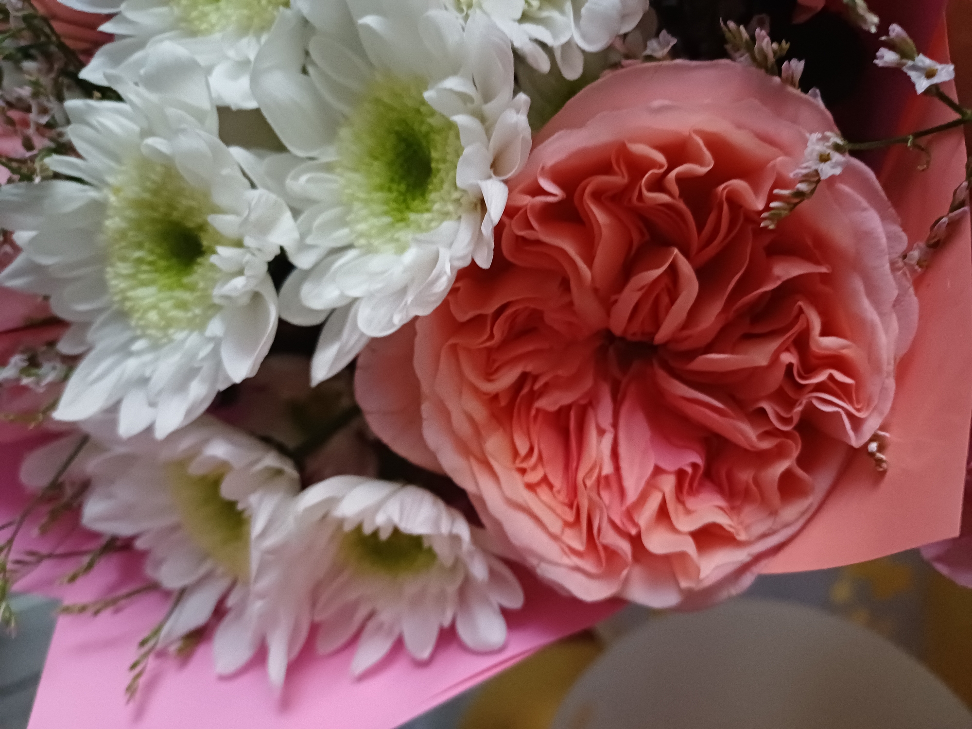 An overhead, close-up shot features a bouquet of flowers, dominated by a large, coral-colored rose in the foreground. The rose exhibits tightly packed, ruffled petals that transition from a darker coral hue at the center to a lighter, blush pink at the outer edges. Behind the rose, several white chrysanthemums with green centers are visible, their petals fanning outwards. The bouquet is partially wrapped in a bright pink paper. The background is blurred, with hints of darker colors and a muted yellow or gold area. No people or specific locations within a city are discernible.