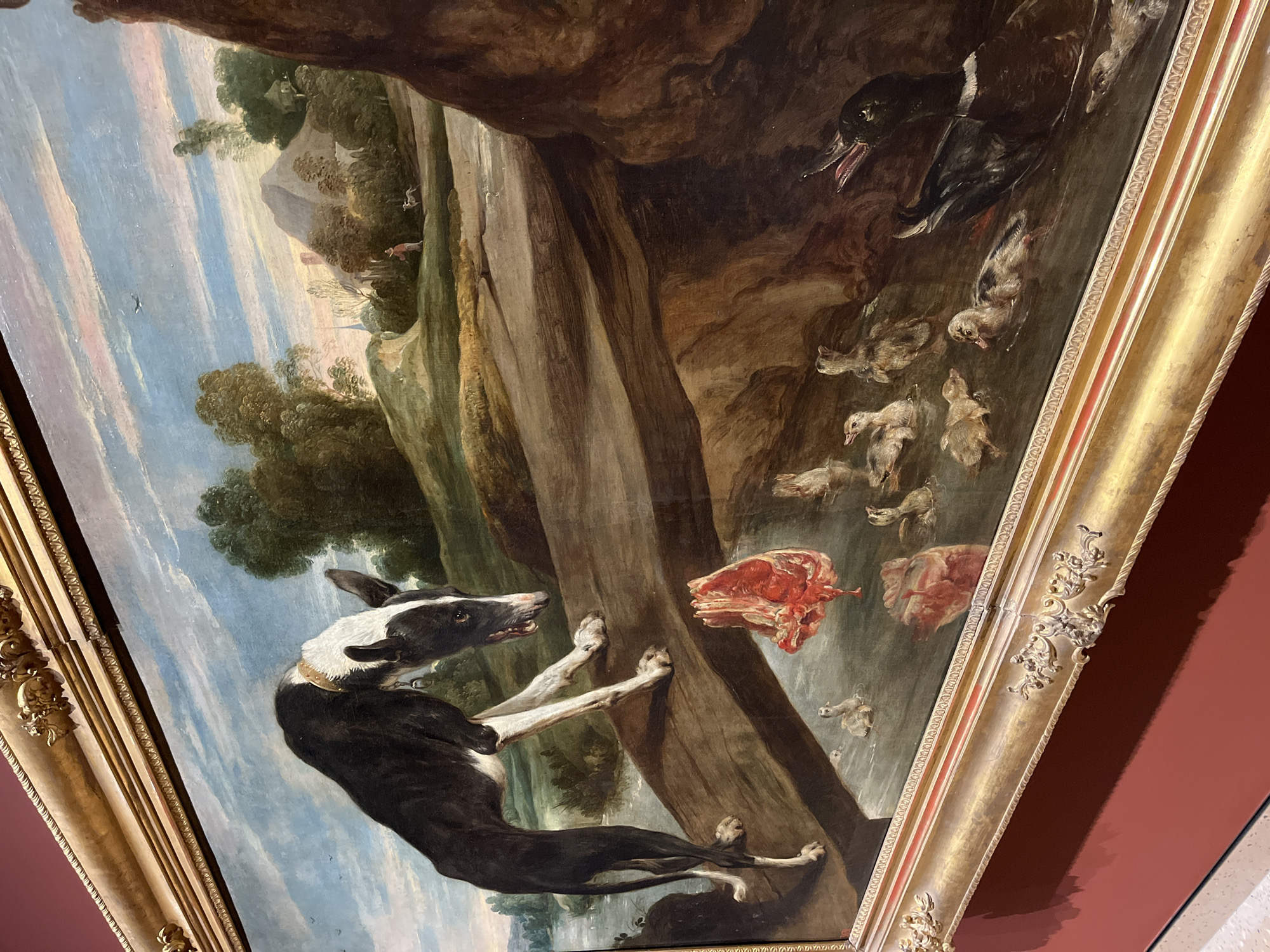 The image depicts a painting in a gold frame, mounted on a reddish-brown wall. The painting shows a dynamic scene: a black and white dog clings to a vertical rock face, seemingly reaching for two pieces of raw meat. Above, there is a scene of carnage with dead ducks and a larger black bird possibly feeding on them. The landscape in the background includes a cloudy sky, trees, and what appears to be a distant building. The location is unknown.