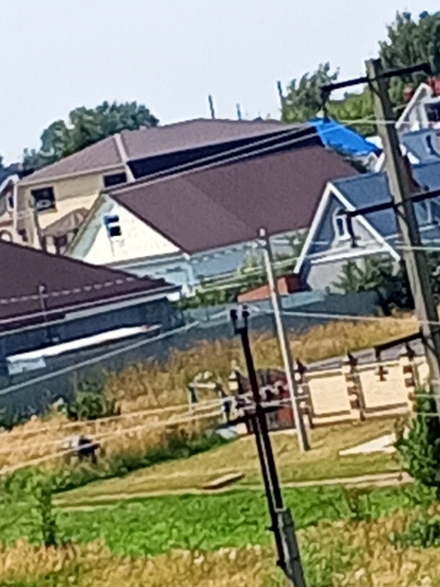 The image depicts a residential area in Chistopol, Russia, characterized by several houses with various roof designs and colors. The foreground shows overgrown grass and vegetation, transitioning to a slope with dry grass and scattered bushes. In the mid-ground, a series of houses are visible. One prominent house has a dark reddish-brown roof and light-colored walls. Adjacent to it, another house features a lighter-colored roof and white walls. Further to the right, a blue tarp is visible on a roof, partially covering it. A utility pole with electrical wires crosses through the scene, with one pole positioned prominently on the right side. In the background, more houses and trees can be seen. The overall impression is a somewhat rural or semi-urban residential setting.