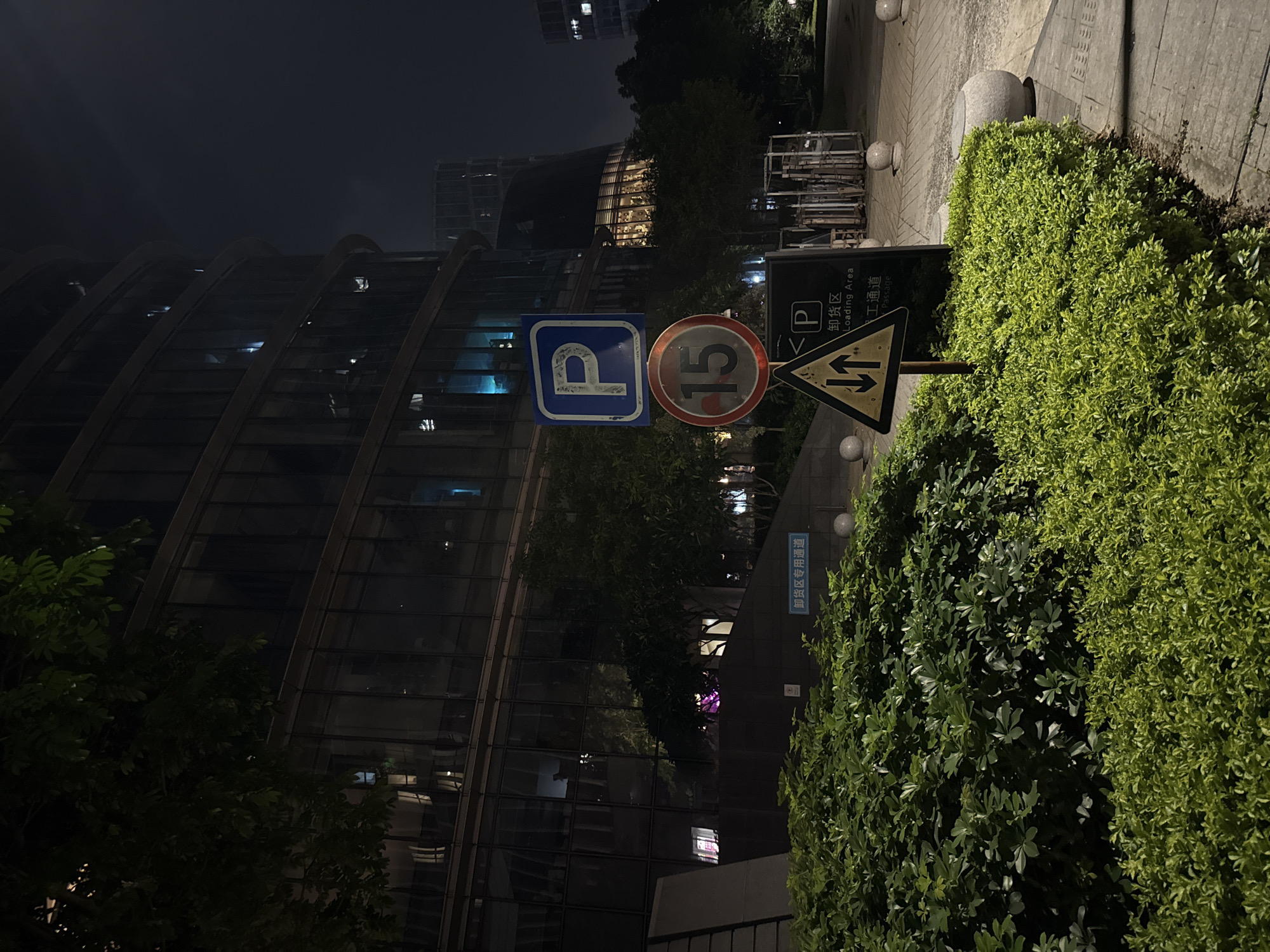 This is a night-time photograph of an urban scene in Haizhu District, China. The main subjects are street signs and a large, modern building with a glass facade that reflects the surrounding lights.
In the foreground, to the right, is a lush green hedge. In front of the hedge, there are several street signs. One sign is blue and white with a white 'P' symbol, indicating parking. Next to it is a circular red and white sign with the number '15' inside, likely a speed limit sign. Below these, a black rectangular sign has white text in what appears to be Chinese and English, with the words "Loading Area" and "Passage". There is also a yellow triangular sign with black arrows indicating two-way traffic.
The background features a large, curved building with many windows. The building is illuminated from within, and reflections can be seen on its glass exterior. Trees are visible in front of the building. The sky is dark, suggesting it is nighttime. The lighting in the scene is artificial, coming from streetlights and the building itself.
There are no people visible in the image. The overall mood is one of urban nighttime activity, with clear signage indicating traffic and parking regulations. The presence of the building and the street signs suggest a commercial or residential area.