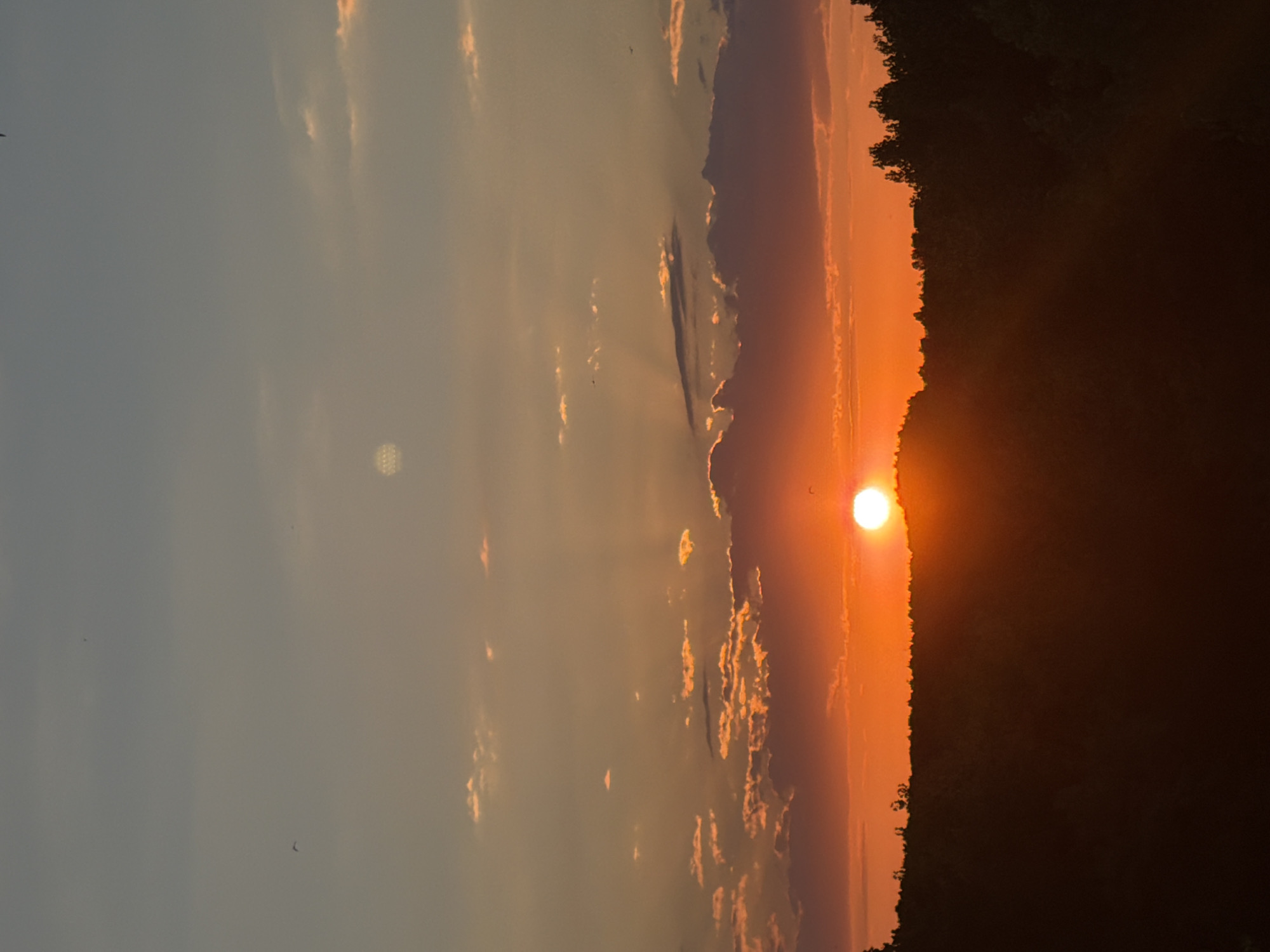 This is a photograph of a sunset over Nesebar, Bulgaria. The sun is a bright orange orb, partially obscured by a line of dark trees that form a silhouette against the sky. The sky is a gradient of colors, from deep orange and pink near the horizon to a lighter blue and gray at the top of the frame. Several small, wispy clouds are scattered across the sky, catching the warm light of the setting sun. In the upper part of the sky, a faint, circular object is visible, appearing to be a moon or a bright atmospheric phenomenon. There are no people or specific objects visible in the foreground or midground, giving the impression of a natural landscape scene. The overall mood of the image is peaceful and serene.