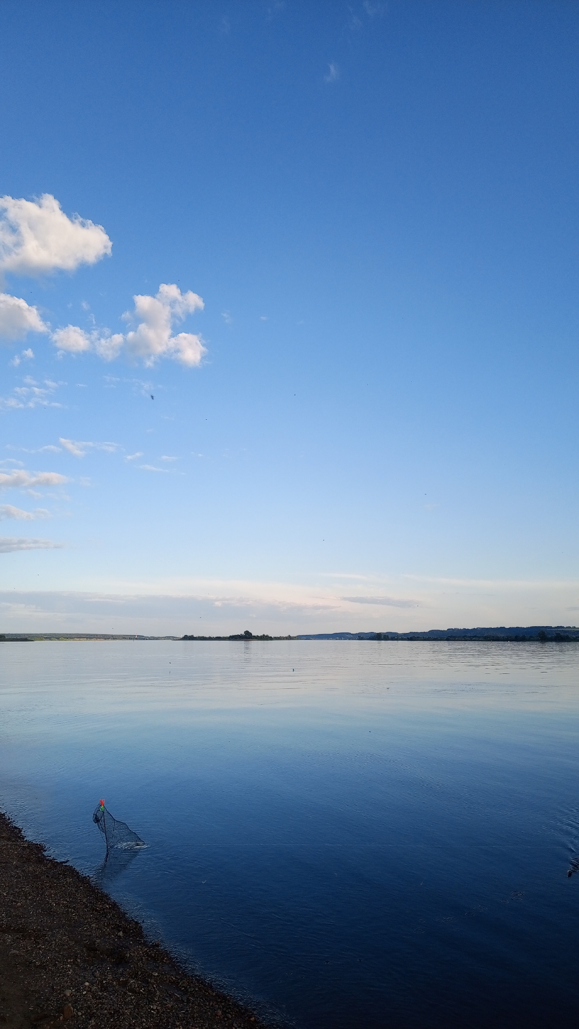 The image captures a wide outdoor scene over a calm body of water in Шолья, Russia, under a clear to partly cloudy blue sky. The sky occupies the upper two-thirds of the frame, displaying a gradient from a lighter blue near the horizon to a deeper blue overhead, with scattered white cumulus clouds predominantly clustered in the left and lower-left sections. A few tiny, dark specks, likely birds or insects, are visible against the sky. The horizon is marked by a pale, diffuse line, beyond which a low, dark landmass with subtle variations in elevation, possibly distant trees or vegetation, stretches across the middle ground. The water surface is relatively smooth with minimal ripples, reflecting the blue of the sky and appearing darker towards the foreground. In the bottom-left corner, a dark, pebbly shoreline slopes gently into the water. A dark mesh fishing keepnet, featuring a prominent orange and green float at its opening, is partially submerged in the water near the shore. No human figures are visible in the frame.