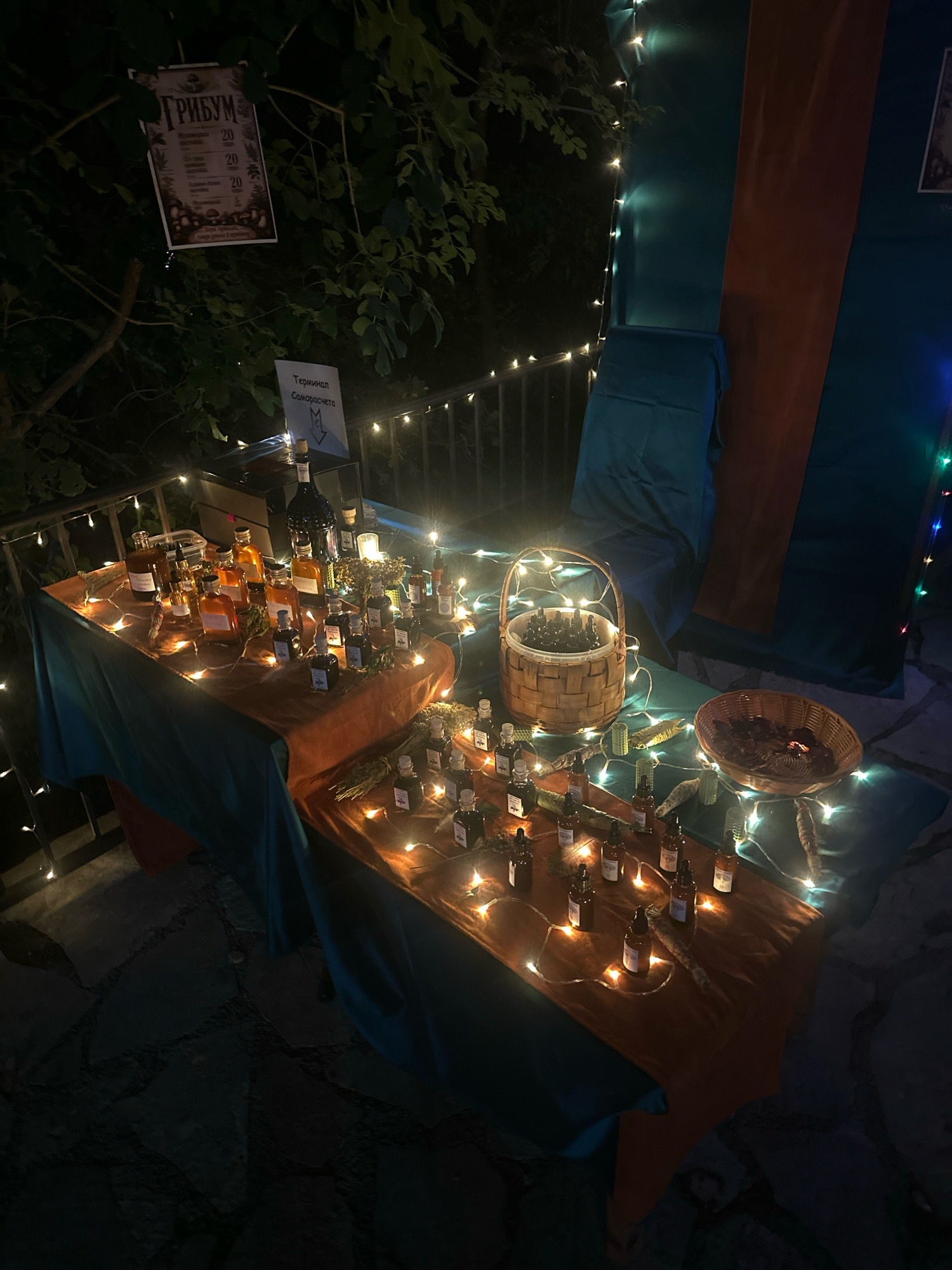 The image depicts an outdoor stall set up at night, likely during an event or market, in the city of Cetinje, Montenegro. The stall features two tables draped with orange and teal fabric. The tables are laden with numerous small glass bottles, many containing dark liquids, and some with droppers. Various dried herbs or plant material are also displayed, some bundled and others scattered amongst the bottles. String lights are draped around the stall and on the tables, illuminating the products and creating a warm ambiance.
In the background, behind the stall, are large fabric backdrops in shades of teal and orange. There are also trees with foliage visible above and to the left of the stall. A sign with Cyrillic text and images of mushrooms, titled "ГРИБУМ", is hanging from a branch of a tree to the left. Another smaller sign with Cyrillic text, reading "Терминал Саморасчета", is visible above the stall, mounted on a metal railing. A wooden basket filled with small bottles and another woven basket containing dried plant material or potpourri are also present on the stall. The ground appears to be paved with irregular stones. No people are visible in the image.