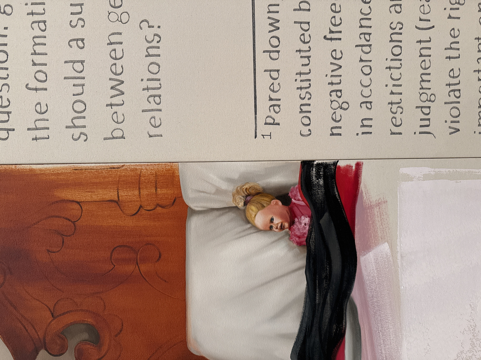 The image appears to be a photograph of a painting or artwork depicting a doll in a bed, positioned underneath text. On the upper left portion of the image is text that reads: "the formati should a su between ge relations?". On the upper right portion, text is visible that reads: "1 Pared down constituted b negative free in accordance restrictions a judgment (rea violate the rig important". The doll is fair-skinned with blonde hair styled in a bun, wearing a pink outfit, and lying on a white pillow and bedspread. A black blanket with a red lining is partially covering the doll. The bed itself appears to be against a brown ornate headboard. The style of the artwork suggests it could be part of a series or a larger piece incorporating text and imagery. There is no location in San Diego, United States of America information in this picture.