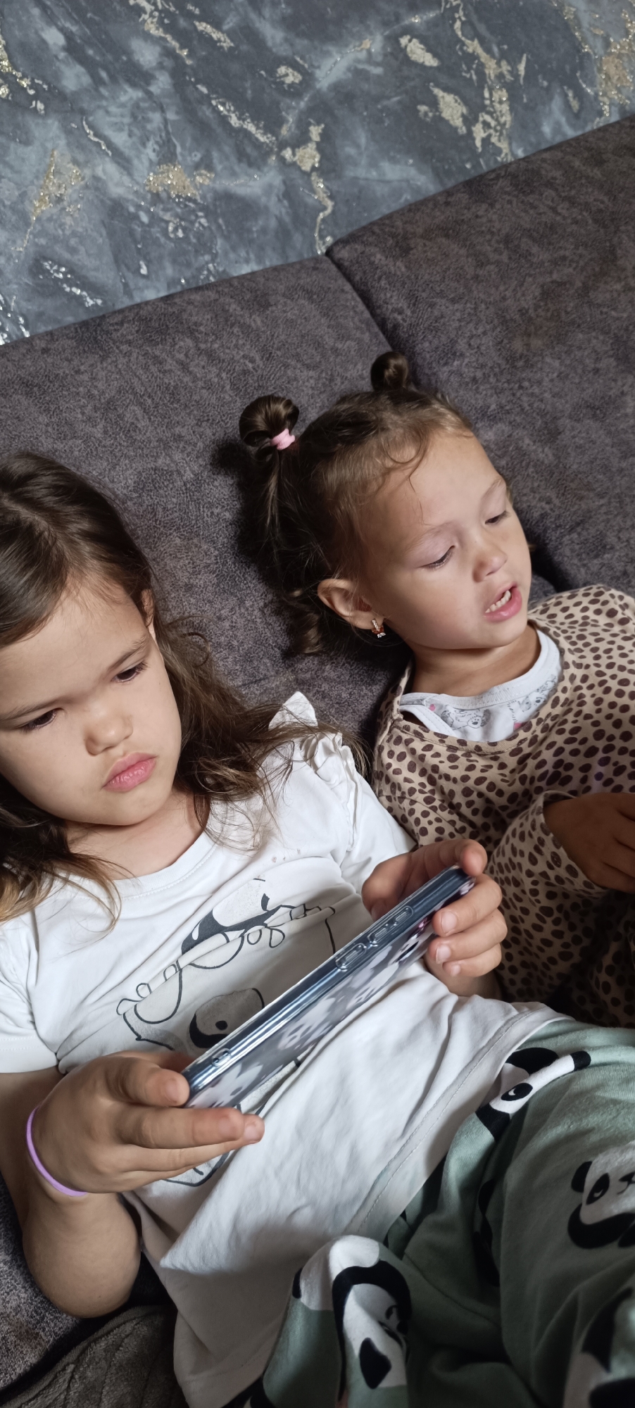 Two young girls are sitting on a grey sofa, engrossed in looking at a smartphone held by the girl on the left. The girl on the left has long brown hair and is wearing a white t-shirt with a cartoon print. The girl on the right has her hair styled in two buns and is wearing a leopard-print top over a white t-shirt. Her right ear has a small earring. They are in a room with a textured grey wall in the background. The lighting suggests it is indoors, possibly during the day. The image does not provide any specific details to determine its location in the city of Karsha, Russia.