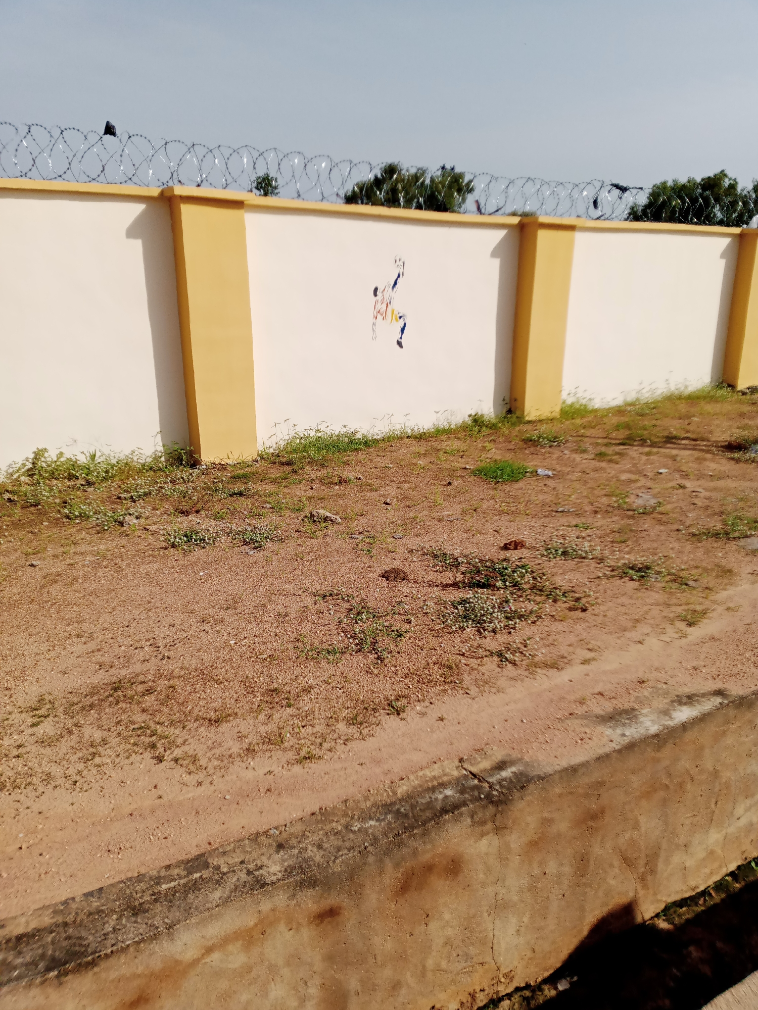 This is an eye-level, medium-shot photograph taken outdoors in Jalingo, Nigeria. The scene depicts a plain white wall with yellow pillars, topped with coiled razor wire. A small, colorful mural of a person in mid-jump is painted on the wall. The ground in front of the wall is covered in loose, sandy dirt with sparse patches of green vegetation and scattered small stones. A concrete structure runs along the bottom edge of the frame. The sky above is clear and pale blue.
