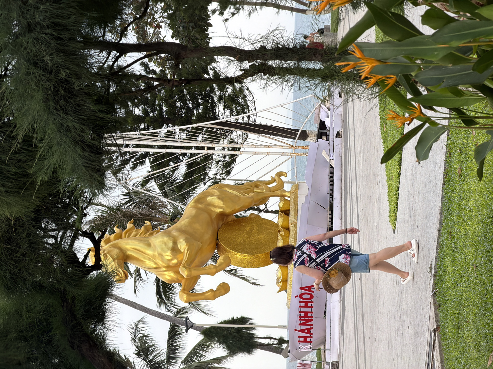 This portrait-oriented image captures a vibrant outdoor scene, likely a public promenade or park, in Nha Trang, Vietnam, by the sea.
In the mid-ground, a woman is seen from behind, walking on a paved pathway from right to left. She wears a floral patterned short-sleeved top, denim shorts, and white sandals, holding a straw hat in her right hand. To her left, prominently displayed, is a large, rearing golden horse statue standing on a circular golden base. Behind the woman and the statue, a white banner with red lettering is visible, displaying the text "KHÁNH HÒA," which is a province in Vietnam, confirming the location context.
The setting is lush with diverse vegetation. On the left side of the frame, dense, pine-like trees dominate, with large branches extending across the top. Several palm trees are also visible, particularly around the golden statue. On the right side, there's a patch of green grass bordering the pathway, and broadleaf plants with distinctive orange, bird-of-paradise-like flowers add a touch of tropical color to the upper right.
In the background, beyond the trees and structures, the blue expanse of the ocean or sea is visible under a bright, possibly overcast, daytime sky. A white, multi-barred structure, resembling a decorative fence or part of an archway, stands between the trees and the sea. The lighting suggests it is daytime, possibly late morning or early afternoon, with diffused light rather than harsh shadows. The overall impression is one of a scenic public area in a coastal Vietnamese city.