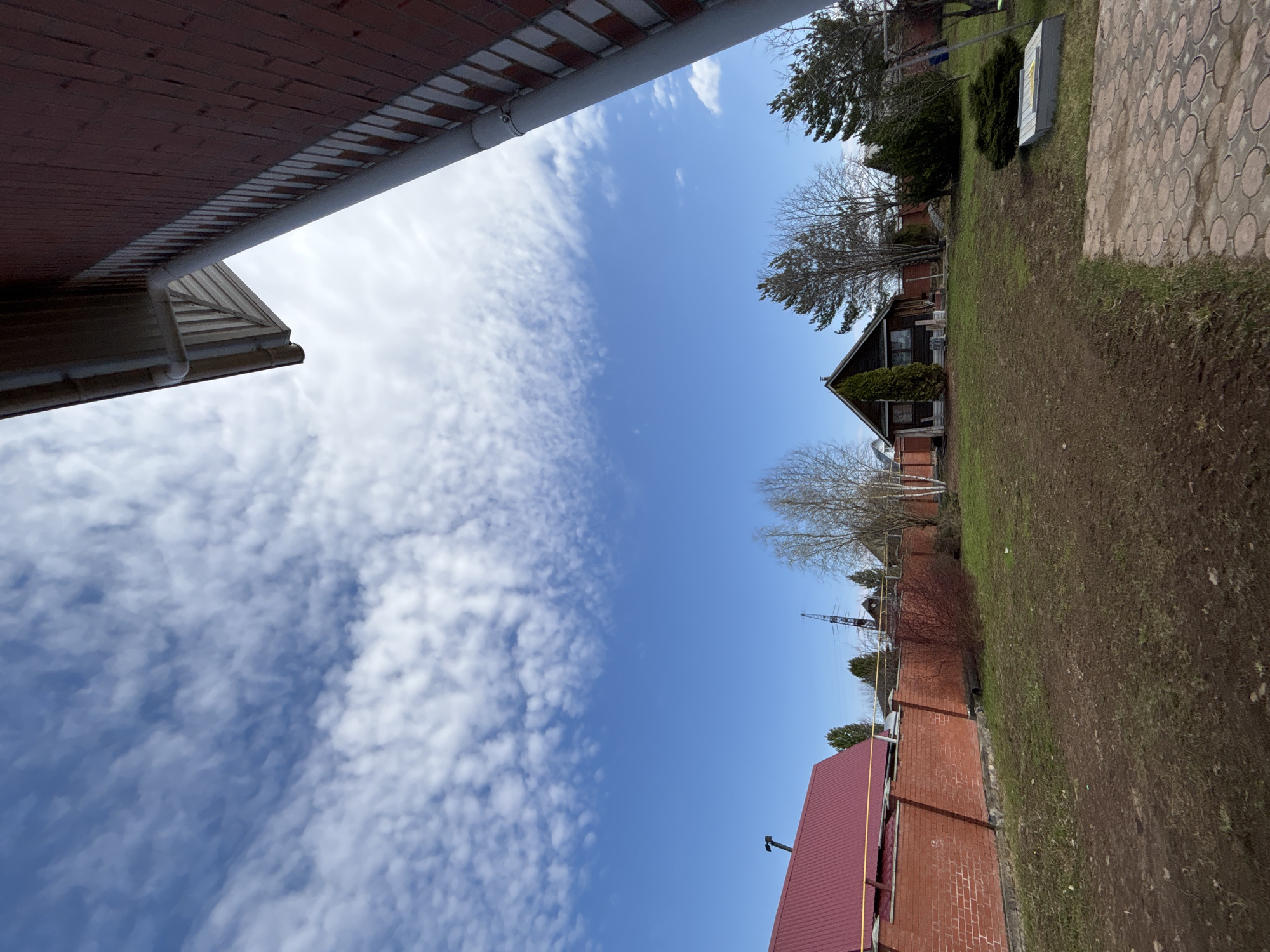The image displays an outdoor scene, likely a rural or semi-rural backyard, captured on a clear day with a vibrant blue sky dotted by scattered white, wispy clouds. The photo is taken looking upwards and across an open space.
On the left side, the underside of a brick roof overhang with a white gutter system is visible, extending from the top-left corner. Below this, part of another building with a light-colored facade and a distinct roofline is present, suggesting a house or outbuilding.
The right side of the frame features a grassy area, transitioning from sparse green patches in the foreground to a more defined lawn further back. A paved pathway made of circular, interlocking stones runs along the far right edge. In the mid-ground, a dark-roofed, wooden house is nestled among trees, some of which are bare, while others retain foliage, suggesting late winter or early spring. A large, rectangular grey utility box with some illegible yellow text on it sits on the grass in the mid-right. In the distance, a power line tower rises above the tree line.
In the lower portion of the image, a long red brick wall with a matching red-tiled roof extends horizontally. A yellow rope or cable runs across this roof. The scene is brightly illuminated, indicating daytime. No people or specific activities are visible.