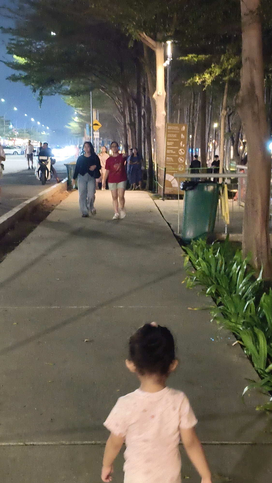 A rear view of a toddler wearing a pink t-shirt with a subtle pattern stands on a paved pathway at night. The toddler's head is tilted back slightly, and their ears are prominent. The pathway is bordered by a darker paved area and a row of lush green plants on the right. In the background, two young women are walking away from the camera on the pathway. The woman on the left wears a dark top and light-colored pants, while the woman on the right wears a red t-shirt and light shorts. Further in the background, several trees with overhead lights create a canopy, and streetlights illuminate the side of a road where a motorcycle and other pedestrians are visible. A green trash bin and a directional sign are also present. The scene appears to be within a public park or promenade in West Jakarta, Indonesia.