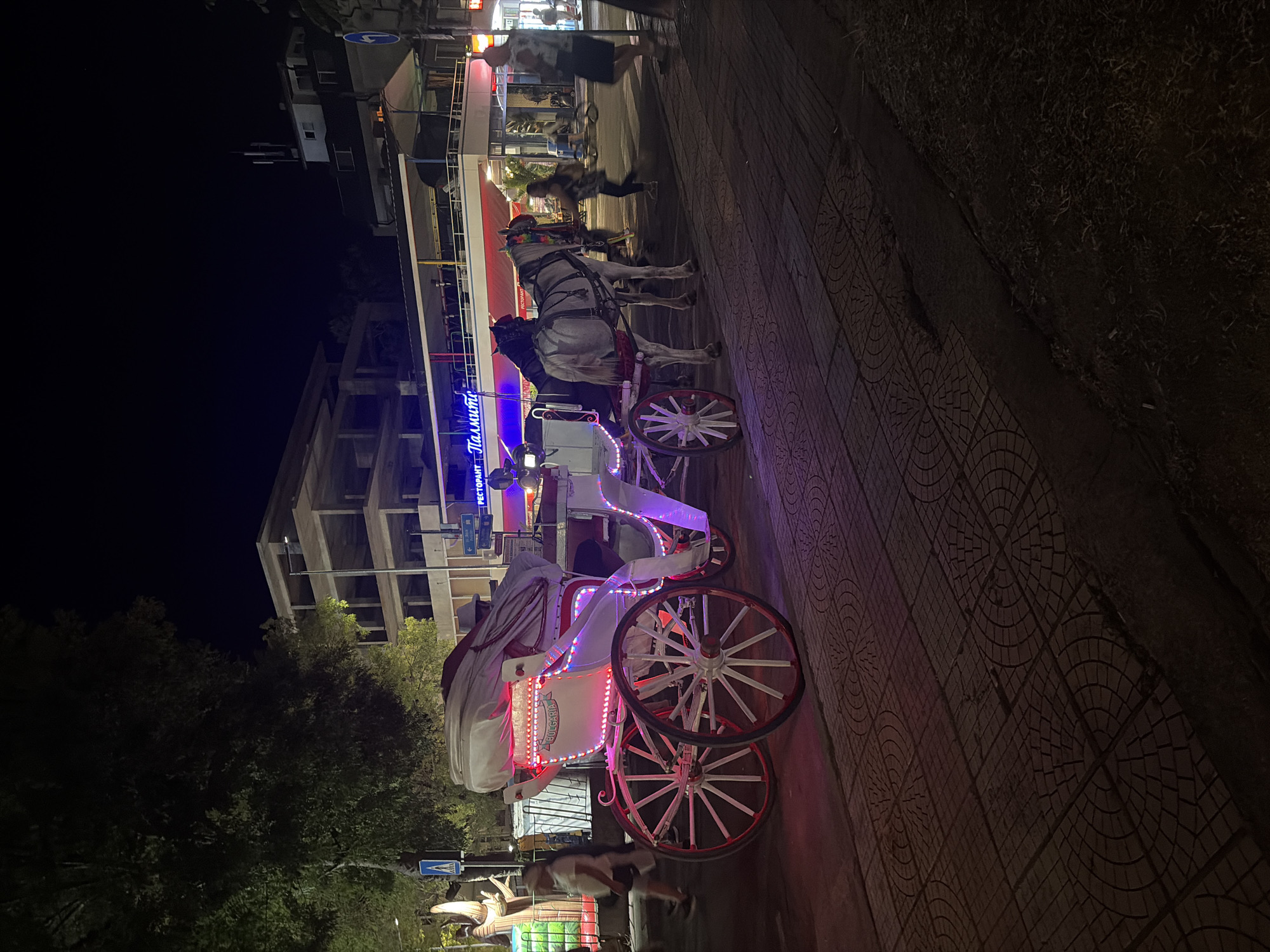 A horse-drawn carriage illuminated with pink and white lights is parked on a paved sidewalk at night in Primorsko, Bulgaria. The carriage is ornate, with decorative wheels and trim. Two horses, one white and one dark gray, are harnessed to the carriage. A person wearing a white hat appears to be the driver. In the background, a building with a red awning and neon signs is visible, along with other people walking on the sidewalk. The scene suggests a tourist area with evening entertainment.