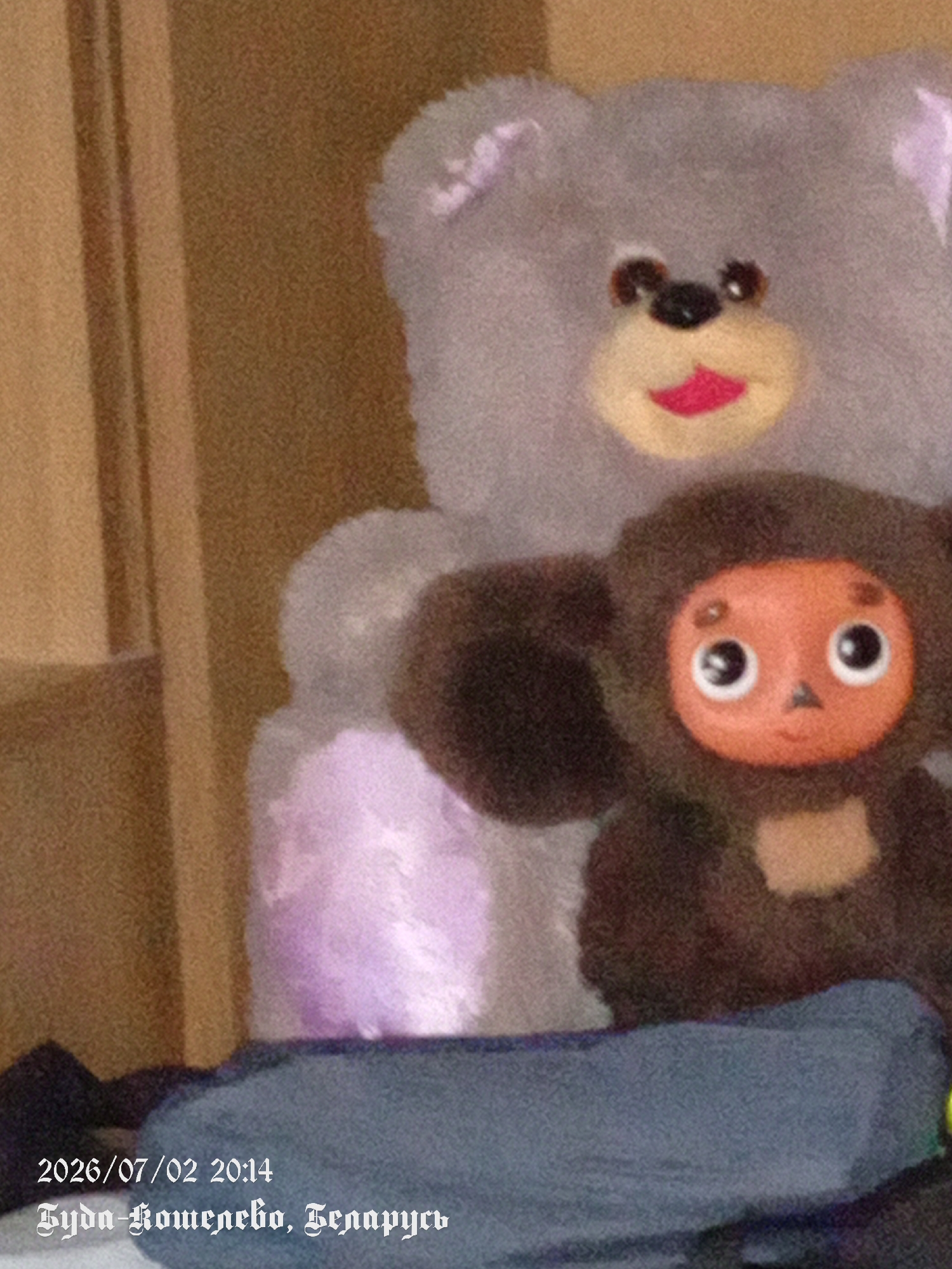 The image shows two plush toys on a blue blanket. The toy on the left is a large, gray teddy bear with a yellow snout and red lips. The toy on the right is a smaller, brown creature with large, round eyes and pointed ears. The background is a brown and beige striped wall. The text overlay indicates the date and time as "2026/07/02 20:14" and the location as "Буда-Кашалёва, Беларусь" (Buda-Kashalyova, Belarus).