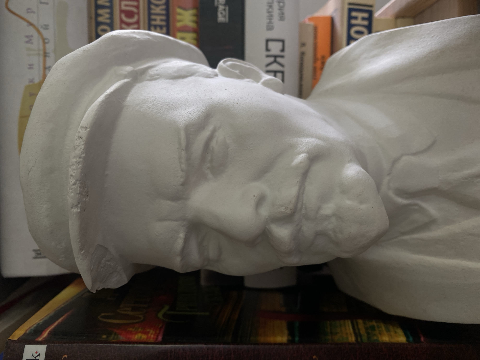 The image shows a white plaster bust of a man wearing a cap, lying on its side on top of a stack of books. The bust is indoors and in Заволжье, Russia. The books have titles in Russian and English, with a focus on literature, and serve as a platform for the bust. The lighting is soft and somewhat diffused, highlighting the contours of the bust. The camera angle is close-up, emphasizing the details of the bust's face and the texture of the plaster.