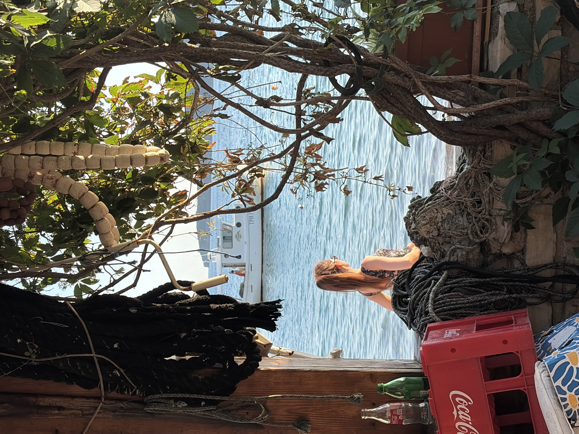 The image, oriented on its side, shows a woman gazing out at the Adriatic Sea in Budva, Montenegro. She is positioned on what appears to be a wooden deck or pier, surrounded by various objects including a red Coca-Cola crate, coils of rope, glass bottles, and a cushion. The scene is framed by intertwined tree branches and foliage, creating a natural aperture to the seascape. A white boat is visible on the water, relatively close to the shore. The overall setting suggests a harbor or waterfront area, with the natural overgrowth providing a somewhat enclosed, intimate space overlooking the sea.
