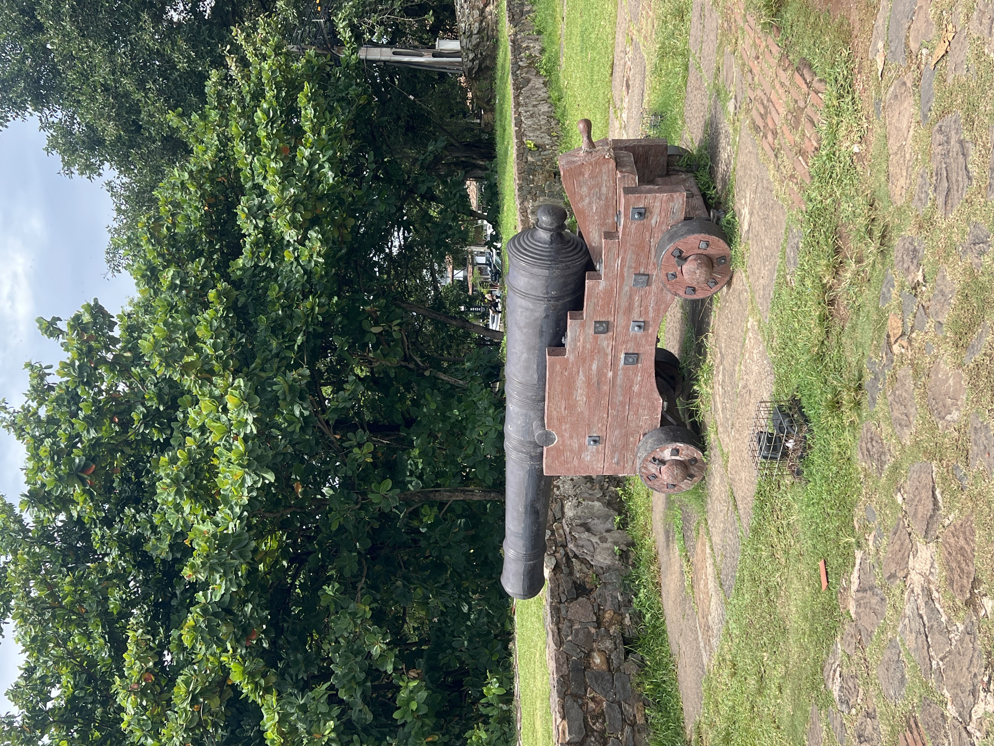 An antique cannon, mounted on a wooden carriage with large wooden wheels, rests on a paved area in front of a low stone wall. The cannon is black and features ribbed detailing on its barrel. The wooden carriage is a distressed red-brown color and is constructed from planks secured with metal bolts. Behind the cannon, a dense canopy of green trees forms a natural backdrop. The ground is a mix of green grass and stone paving. In the distance, beyond the trees, buildings and a utility pole are visible. The sky is overcast with clouds. The scene appears to be in a historical area of Galle, Sri Lanka, likely a fortification.