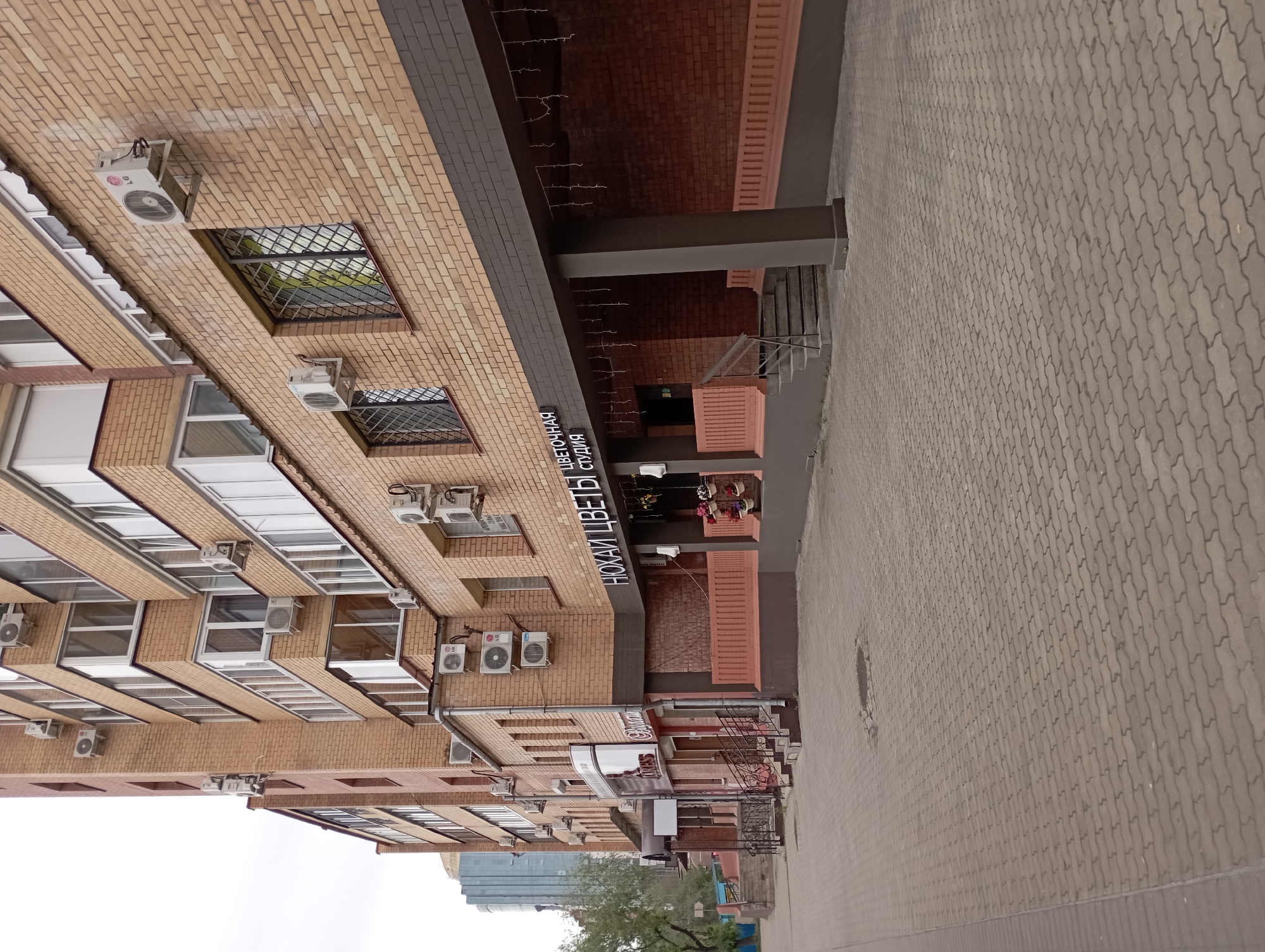 This is a street-level, eye-level, medium shot of a brick building with a paved sidewalk in Blagoveshchensk, Russia. The building features multiple air conditioning units mounted on its exterior. The ground floor of the building has storefronts with signage. One sign, in Cyrillic, reads "НОХАЙ ЦВЕТЫ" and "ЦВЕТОЧНАЯ СТУДИЯ," indicating a flower shop. Another visible sign reads "TAXI." There are planters with flowers and decorative benches in front of the storefronts. The sidewalk is made of interlocking paving stones. The sky is overcast. The overall scene depicts a commercial street in a city.