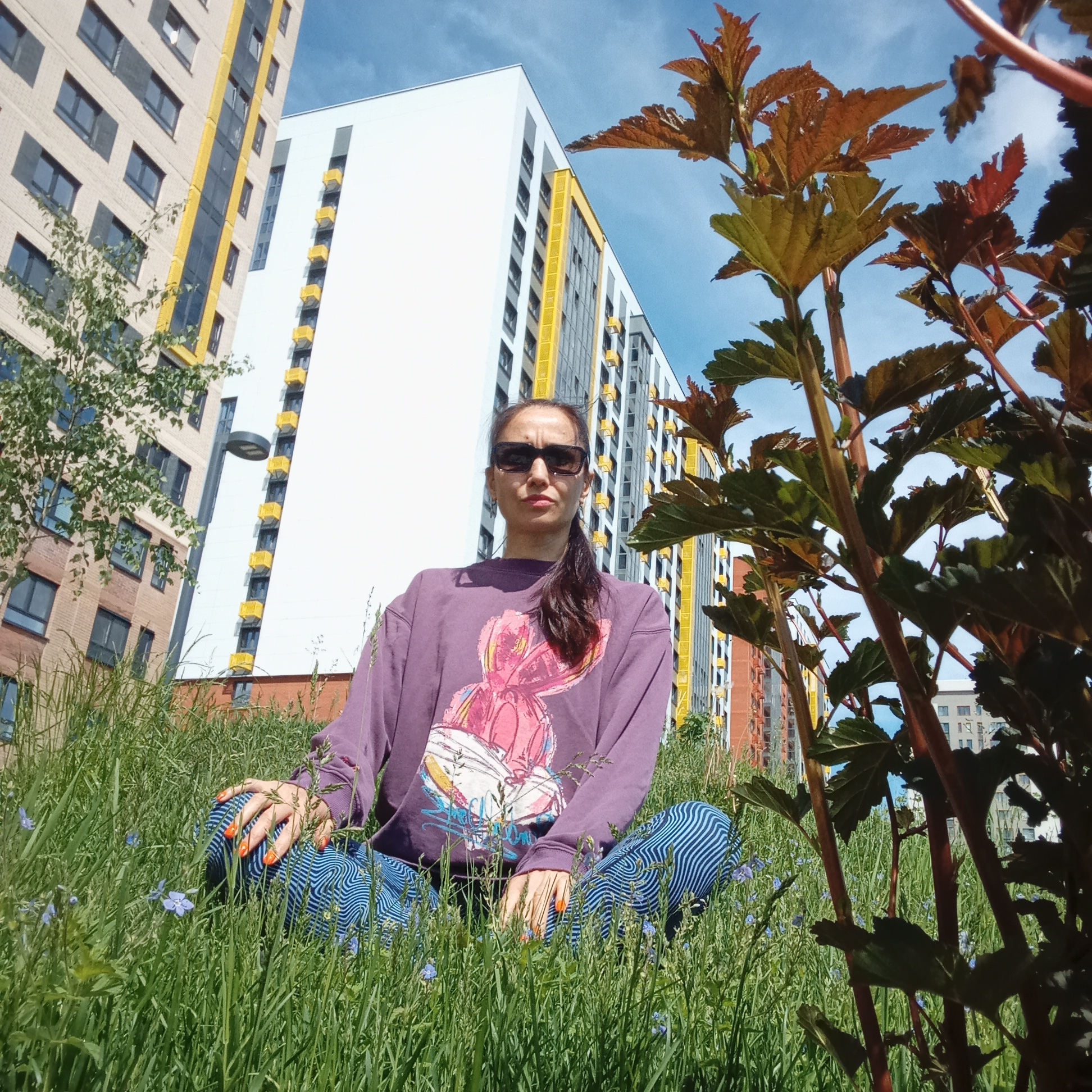 A woman with dark hair pulled back in a ponytail, wearing sunglasses, a purple long-sleeved shirt with a cartoon graphic, and blue striped pants, is seated cross-legged in tall green grass with small blue flowers, possibly flax, near apartment buildings on a sunny day. The woman's fingernails are painted bright orange. Behind her are two modern apartment buildings of brick and white stucco with yellow accents. A tree or shrub with reddish-brown stems and dark green leaves with reddish edges is in the foreground, partially obscuring the view. The setting is outdoors, and the buildings suggest an urban environment, specifically a residential area in Izhevsk, Russia.