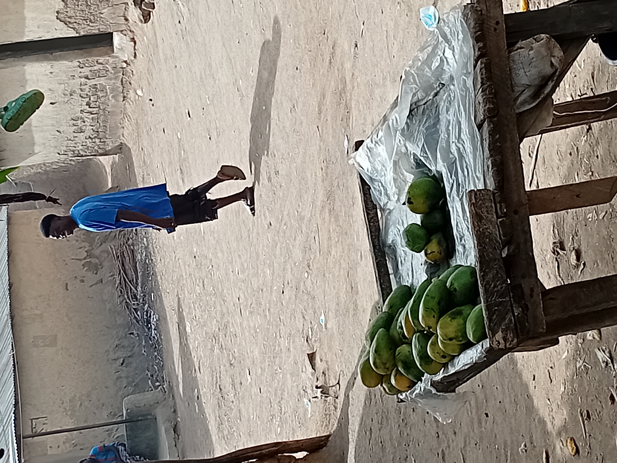 The image shows a street scene in Nata-Ala, Nigeria. A young man wearing a blue t-shirt and dark shorts stands in the foreground. A pile of green and yellow mangoes is displayed on a weathered wooden cart covered with a white plastic sheet. The background shows a simple building structure and bare ground.