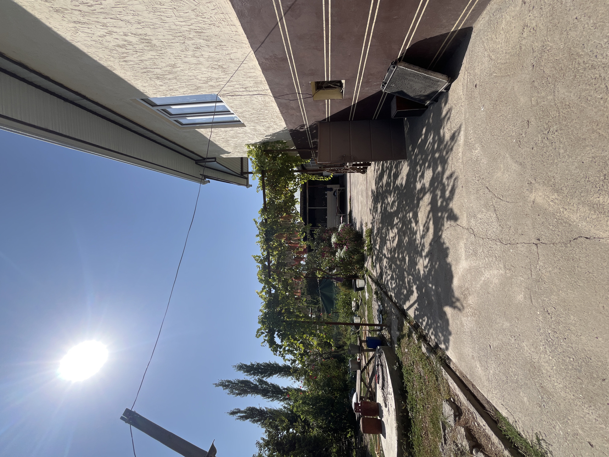 A side view of a building's exterior wall and yard shows a concrete pathway leading into the yard. The building has a textured light beige upper half and a dark brown lower half with horizontal white stripes. A window is visible on the upper half. A dark metal door is propped open near the corner of the building. Next to the door, leaning against the wall, are two black rectangular objects, one appearing to be a radiator and the other a wooden box. In the yard, a wooden table sits on a circular concrete base, with two red gas tanks and other objects on it. A vine-covered pergola extends over a portion of the yard, with greenery and pink flowers growing. Tall, slender trees stand in the background, with dense foliage and bushes. The sky is clear and blue, with a bright sun in the upper left corner casting shadows across the scene. A wire hangs from a wooden post in the upper left.