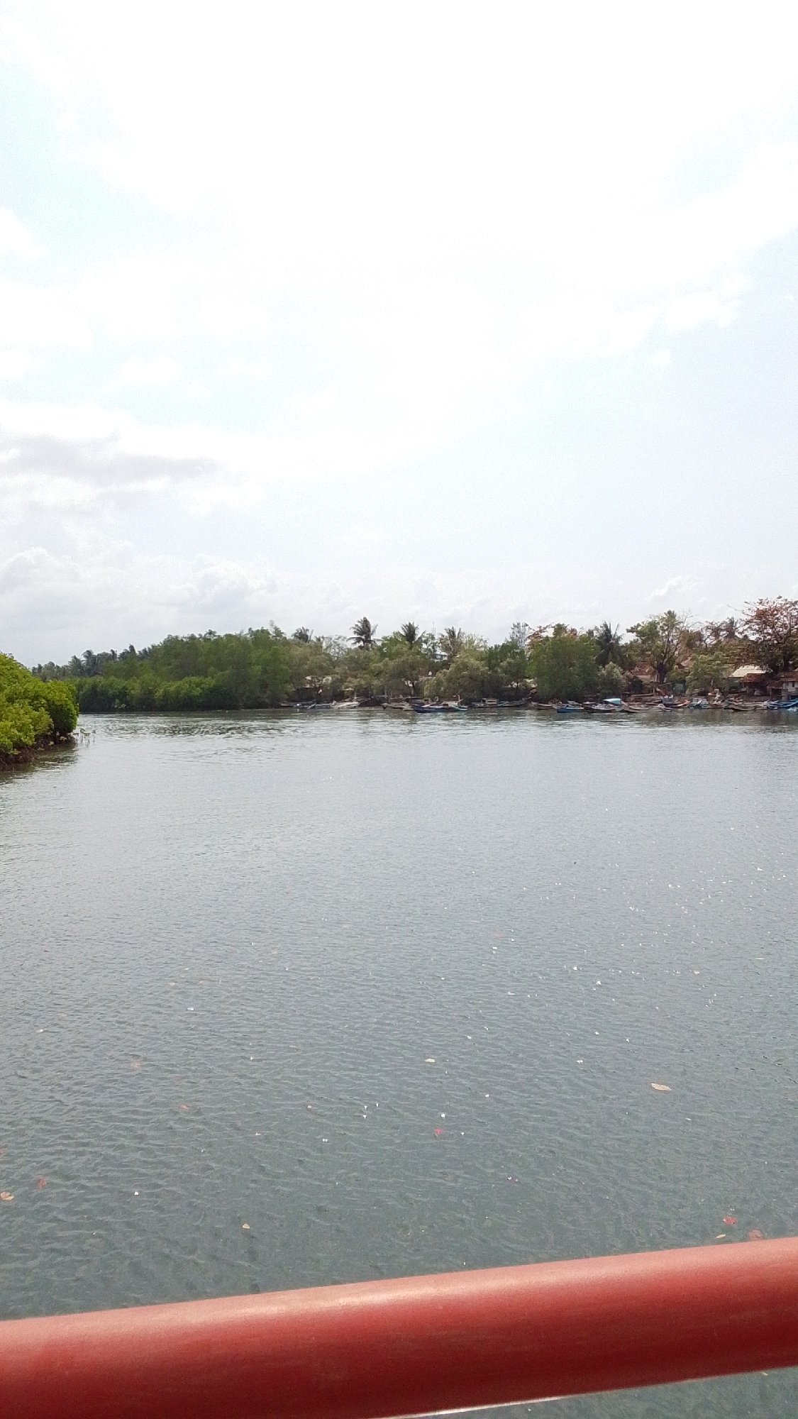 The image depicts a scenic view of a body of water, likely a river or estuary, in Desa Karangjaladri, Indonesia. The foreground is dominated by a bright red railing, suggesting the photo was taken from a bridge or elevated viewpoint. The water itself is calm, with small ripples on the surface, and appears to have some debris floating on it.
The middle ground features a lush, green shoreline covered in dense vegetation, including trees and what appear to be mangroves. Along this shoreline, several small boats are docked or moored, indicating a connection to local fishing or transportation activities. Beyond the greenery, hints of houses or structures can be seen, suggesting a coastal or riverside village.
The sky above is partly cloudy, with bright patches suggesting a daytime scene, possibly late morning or early afternoon. The overall atmosphere is tranquil and natural, with no visible human activity or any specific event taking place. The lighting suggests it is daytime. There is no visible text in the image.