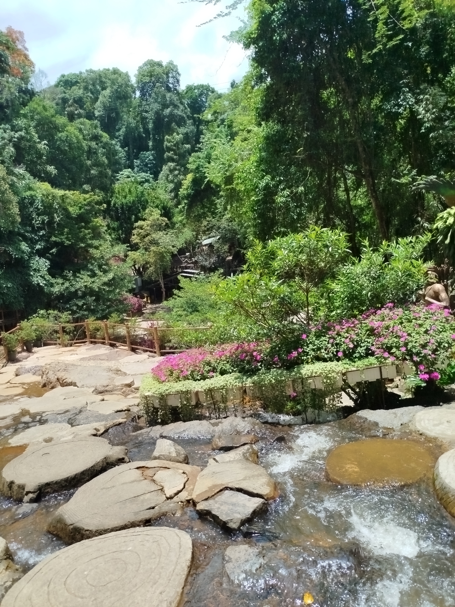 The image captures a landscape in Da Lat, Vietnam, featuring a shallow stream flowing over large, flat, round stones resembling tree trunk cross-sections. The water is clear with a slight brownish tint. The stream bed is bordered by natural rocks of various sizes.
On the right side, lush greenery, including bushes with vibrant pink flowers, is planted in a series of white rectangular containers. A statue is partially visible amongst the foliage on the right. In the background, a wooden fence-lined walkway leads uphill towards a structure amongst the dense trees and vegetation. The sky is partly cloudy.