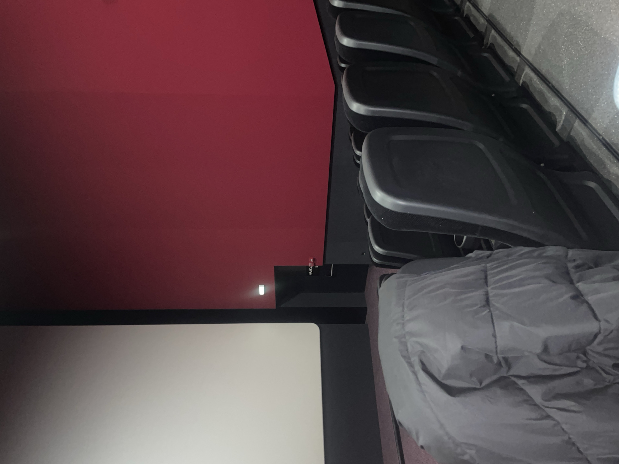 The image depicts the interior of a cinema. A large white screen is visible on the left side. Dark grey seating extends across the frame. A grey blanket is draped over one of the seats. The wall is a deep red color. A small illuminated exit sign is visible above a door. The location is a cinema, the city of Saint Petersburg, Russia, cannot be confirmed.