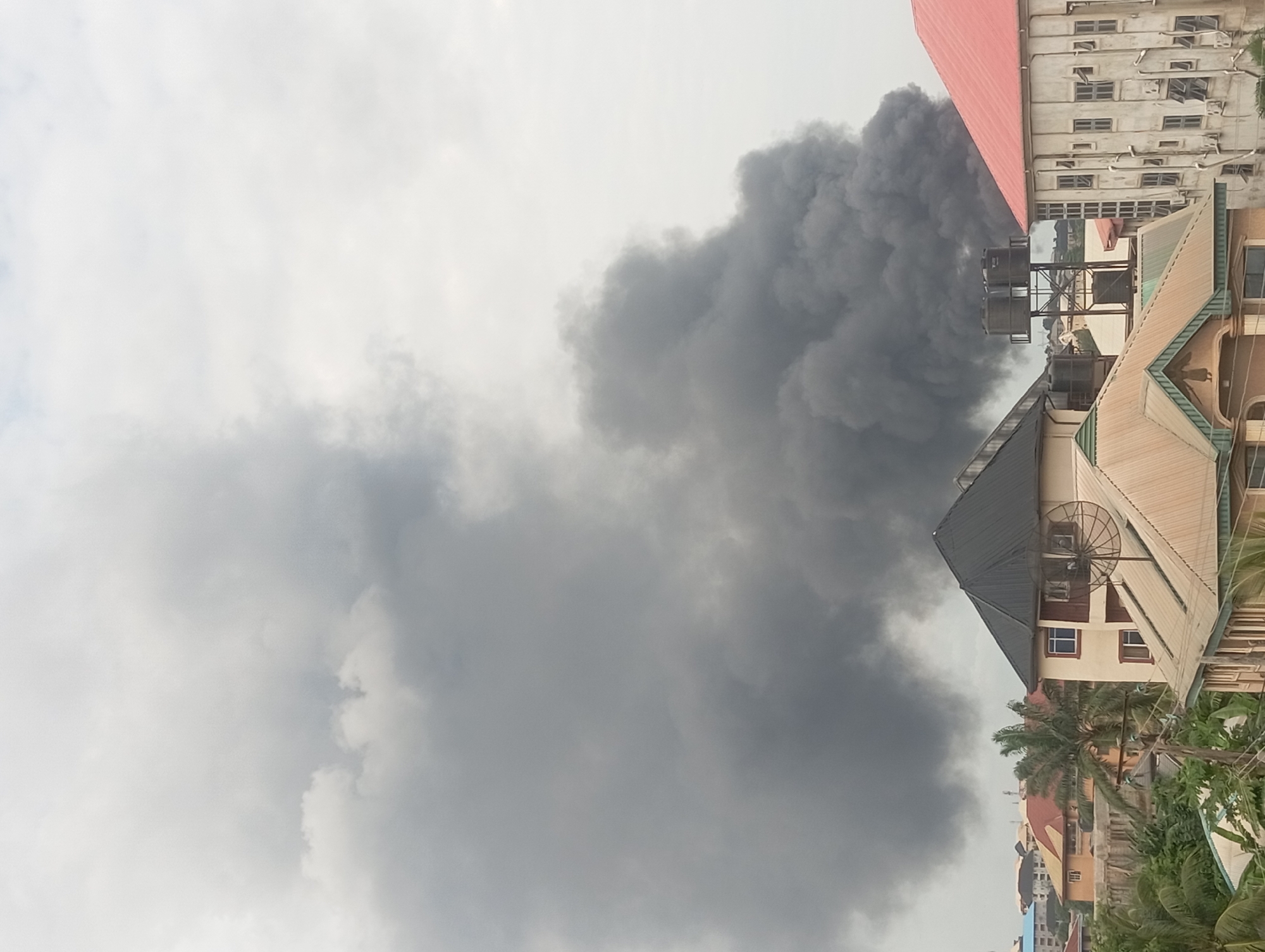 The image depicts a dense column of dark smoke rising in Nkpor, Nigeria. The smoke obscures part of the sky and is positioned behind several buildings. The buildings include residential and commercial structures, with a red-roofed building, and a building with water tanks. Palm trees are visible at the base of the buildings. The sky is overcast.