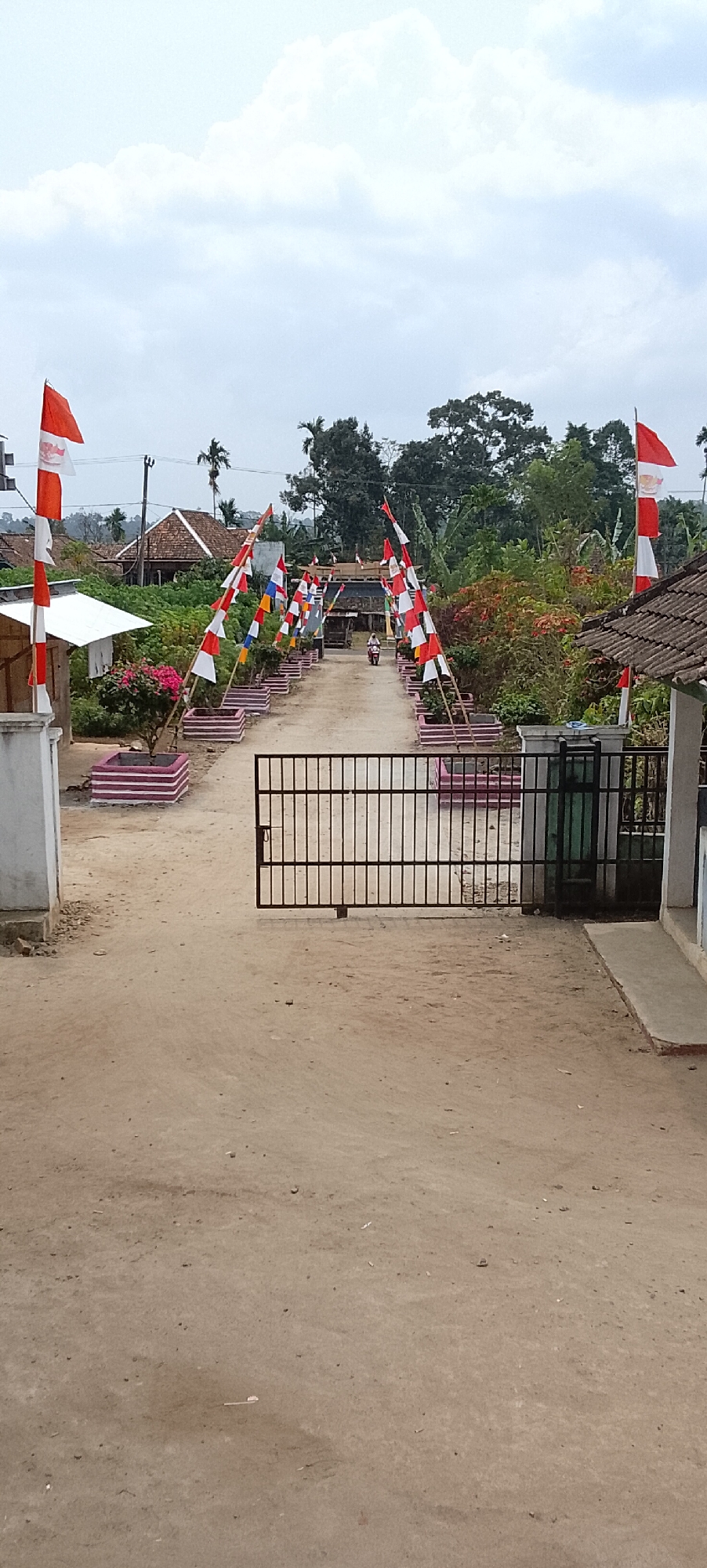 The image depicts a dirt road lined with colorful flags, likely Indonesian flags, leading towards a cluster of houses with tiled roofs. The flags are triangular and attached to bamboo poles, creating a festive atmosphere. Several decorative planters with pink flowers are also visible along the sides of the road. In the distance, a person is seen riding a motorcycle. The scene is set in a rural area with lush green trees and foliage surrounding the houses. The sky is overcast, suggesting a cloudy day. The overall impression is that of a village in Jepara, Indonesia, perhaps decorated for a special occasion or celebration.