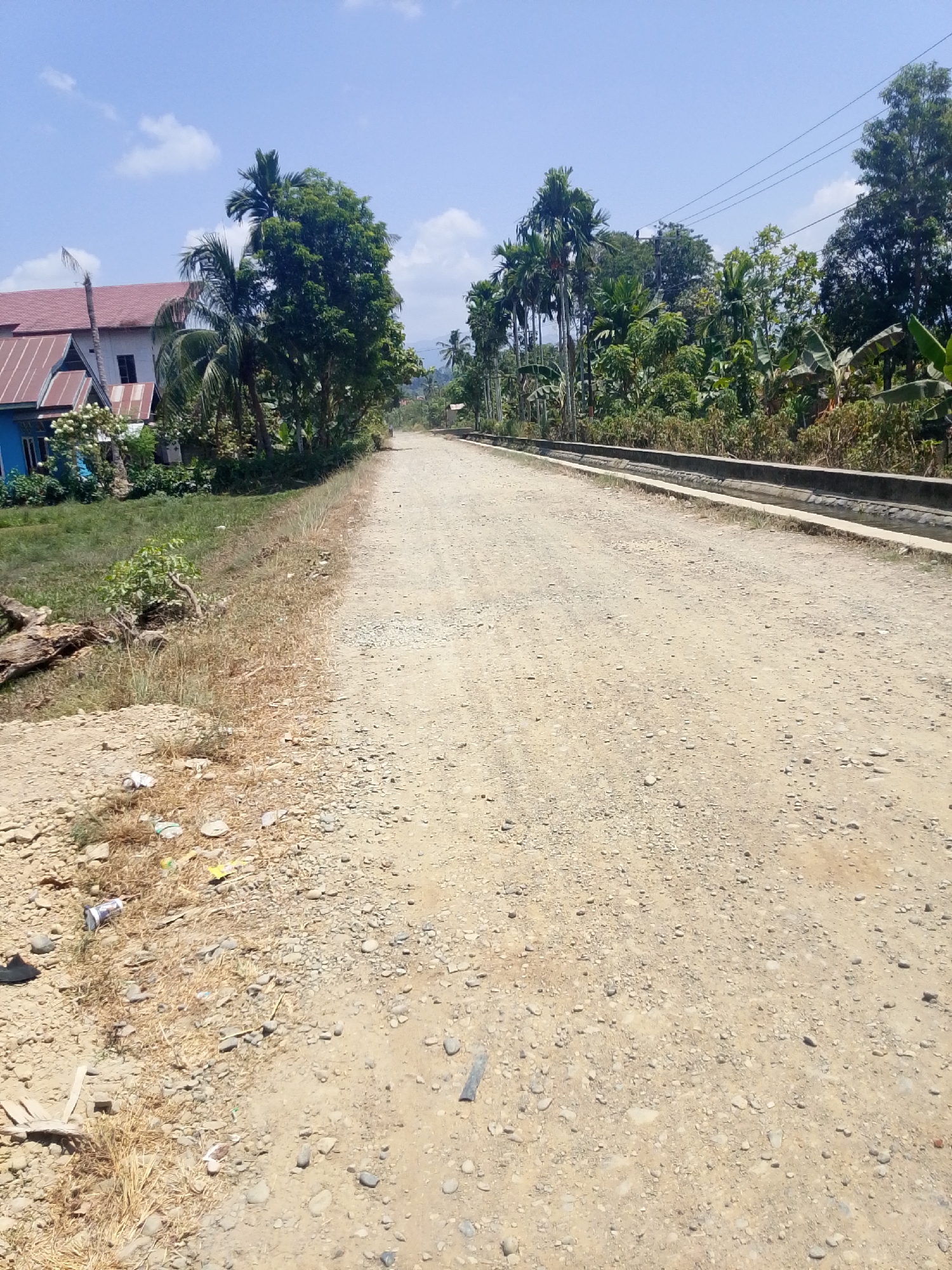 A dirt road runs through a rural area under a bright blue sky with scattered clouds. On the left side of the road, there is a patch of green grass and some dried vegetation, with a few pieces of trash, including plastic cups and wrappers, scattered on the ground. Beyond the grass, there is a building with a red roof and blue siding, partially obscured by trees. The right side of the road features a concrete drainage ditch, beyond which are dense trees and foliage. The road itself is composed of light-colored gravel and dirt, with some larger stones visible. Power lines are visible stretching across the upper right portion of the image. The scene depicts a typical roadside in a tropical, possibly Indonesian, environment.