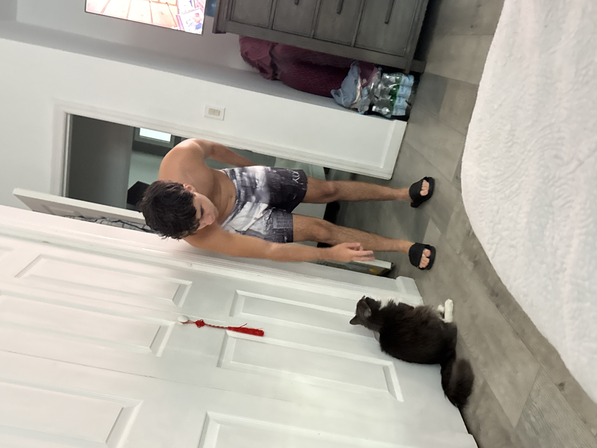 A young, shirtless male with dark, curly hair, wearing patterned swim trunks and black slides, is leaning down to interact with a long-haired, grey and black cat. The cat is sitting near a white door with a red tassel hanging from its knob. The scene takes place indoors on a light grey wood-look floor. To the right of the male, a dresser with several drawers is visible, and a television screen shows a bright, colorful image. The room appears to be a bedroom in a residential setting. The image was taken in Bellmore, New York, United States of America.