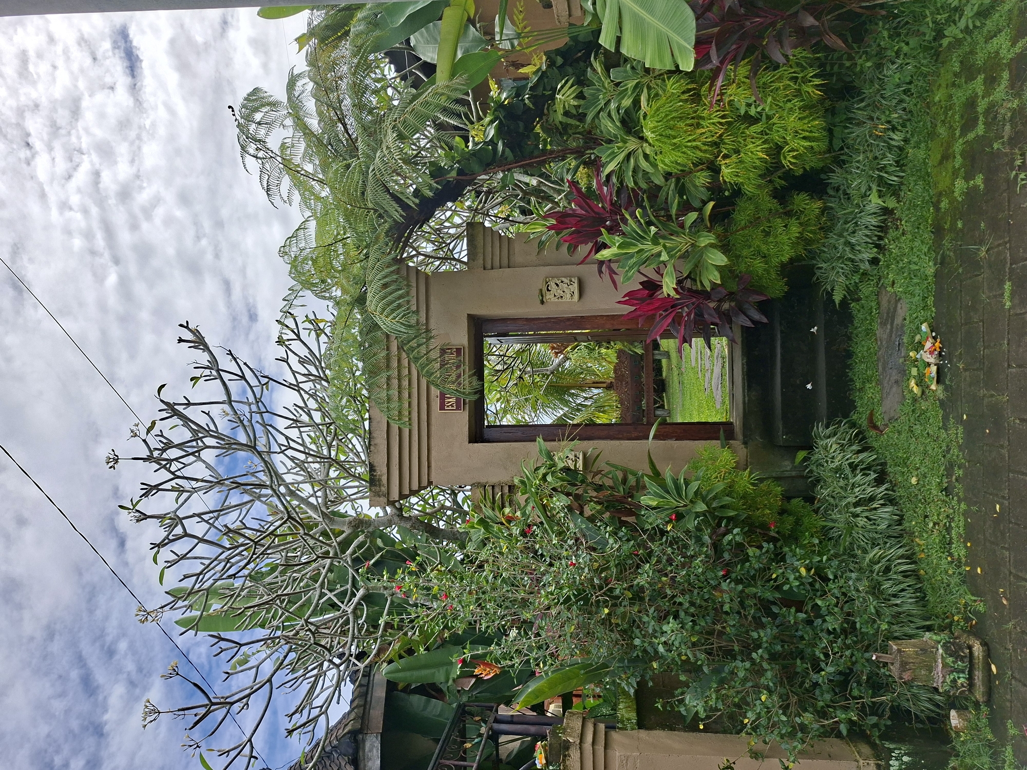 The image presents a view of a gate leading into a tropical garden setting. The location is likely within the Ubud District of Indonesia, known for its lush landscapes and traditional architecture. The gate, constructed from beige stone and dark wood, is flanked by dense greenery. To the left, a bare-branched tree reaches towards the sky. A sign with what appear to be Asian characters can be seen above the gate. The immediate foreground features a variety of plants, including banana leaves, ferns, and flowering bushes. A stone-paved walkway is present on the right side, lined with more greenery and what appears to be offerings on the ground. The sky, visible above the trees, is filled with clouds. The scene overall conveys a sense of tranquility and natural beauty.