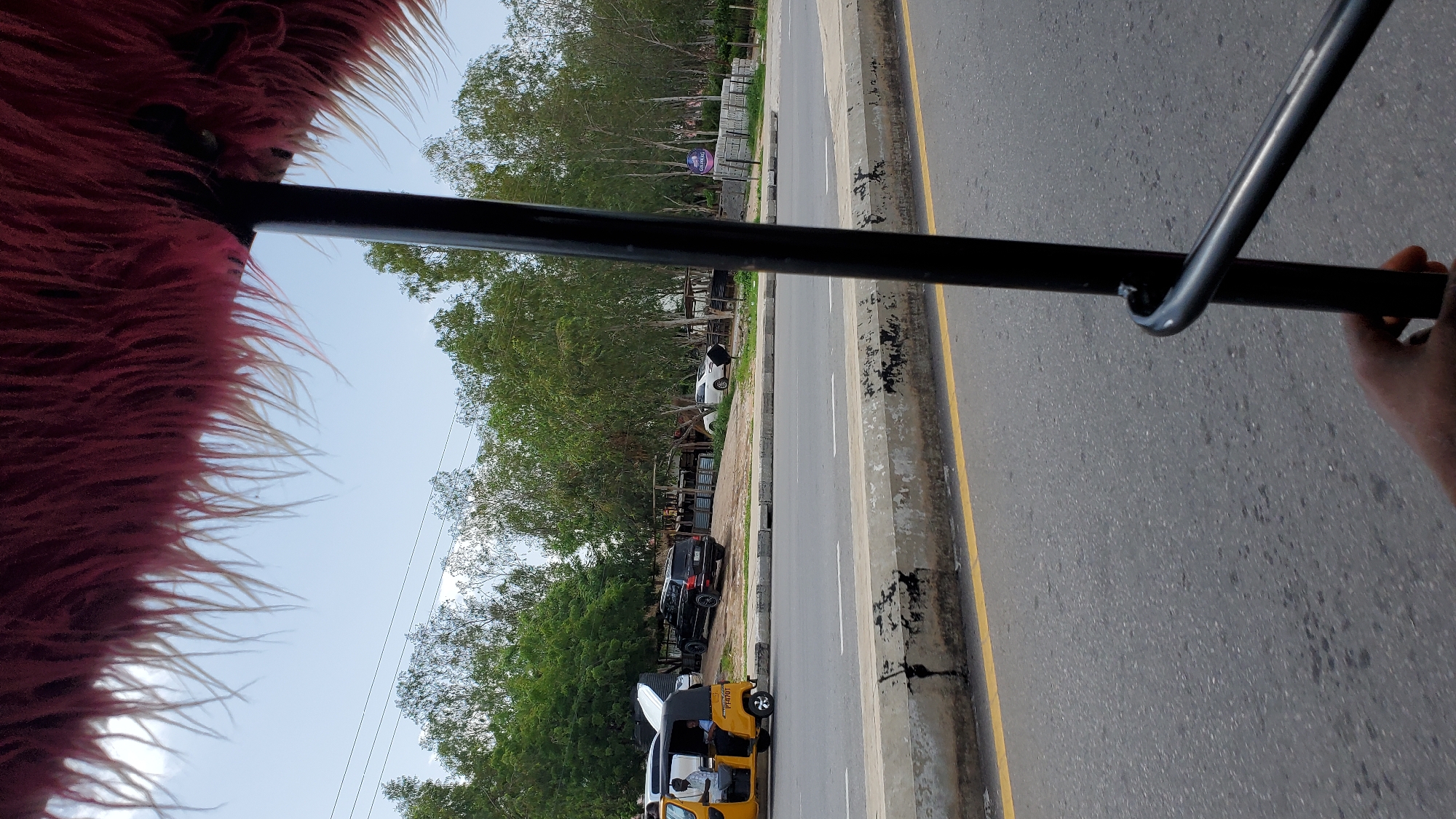 The image depicts a street scene in Jalingo, Nigeria, viewed from inside a vehicle, possibly a tuk-tuk, as indicated by the presence of a furry overhead covering and a metal bar in the foreground being held by a hand. The vehicle is on a paved road with a yellow line marking the edge of the lane and a concrete divider.
To the left of the road, a yellow tuk-tuk with license plate "PF470T" is parked. Two individuals are visible inside the tuk-tuk. Further down the road, a black SUV is parked on a dirt lot beside a row of trees. Beyond the trees, there are structures that appear to be makeshift shops or storage areas. To the right of the road, there are more trees and what looks like a construction site with stacks of materials. A white car is parked in the distance on the right. The sky is cloudy.