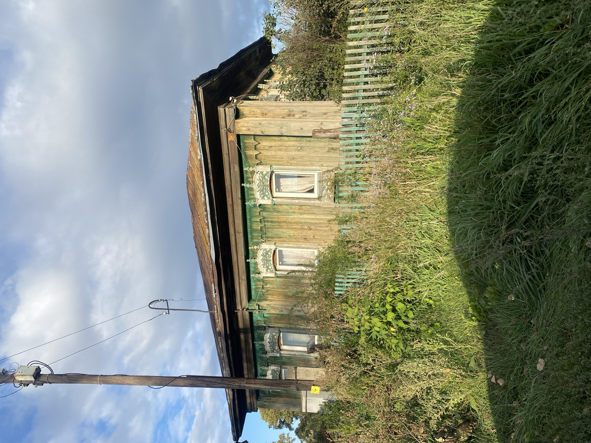 The image depicts a weathered, old wooden house with green painted siding, situated in the village of Медведское, Russia. The house has a rusty corrugated metal roof and ornate, carved window frames. It is surrounded by overgrown vegetation, including tall grasses and bushes, with a pale green wooden picket fence in front. A wooden utility pole with electrical wires stands to the left of the house, and a gray electrical box is mounted on the pole. The scene is bathed in the warm light of the late afternoon sun, casting a shadow across the foreground. The sky is partly cloudy with some blue sky visible.