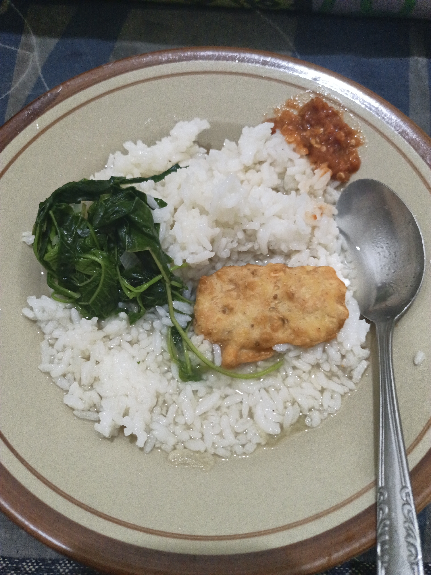 A overhead, close-up shot shows a plate of food with rice, greens, and fried tofu. The rice is white and appears to be cooked with some broth. The greens are dark green and leafy, possibly spinach or a similar vegetable. A piece of golden-brown fried tofu sits atop the rice. To the side of the rice, there is a small pile of reddish-orange chili paste or sambal. A silver spoon is positioned on the right side of the plate, partially submerged in the rice. The plate itself is beige with a dark brown rim. The food is placed on a table with a checkered blue and white cloth. The scene is illuminated by artificial light, creating some reflections on the spoon and the moist rice. The image captures a simple meal, likely prepared at home or served in a casual eatery. Based on the typical dishes and presentation, this meal could be found in a local Indonesian home or a small restaurant in Kepulungan, Indonesia.