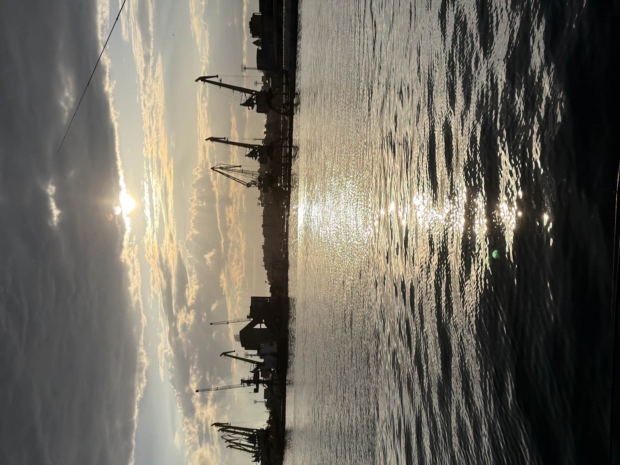 The image captures a serene yet industrious scene of a port at either sunrise or sunset, likely in Burgas, Bulgaria. The sun, a brilliant disc, is positioned low in the sky towards the upper left, partially obscured by clouds but casting a dazzling reflection across the water.
The sky is a dramatic blend of dark, heavy clouds on the left side, transitioning to softer, golden-hued clouds near the horizon on the right. Below the sky, a series of large, silhouetted port cranes dominate the middle ground, indicating a busy shipping or industrial area. These cranes, with their angular structures, stand in stark contrast against the brighter sky and water reflections. Behind the cranes, other port buildings and structures are also visible in silhouette, forming a dense, dark line along the waterfront.
The right half of the image is dominated by the water, which exhibits significant ripples and waves, catching and amplifying the sun's glare. This creates a shimmering path of light that extends into the foreground, highlighting the texture of the water. A thin, dark line, possibly a fishing rod or an antenna, extends from the top-left corner across the sky.
The overall mood is tranquil, characterized by the dramatic natural lighting that silhouettes the industrial elements. No discernible text is visible in the image.