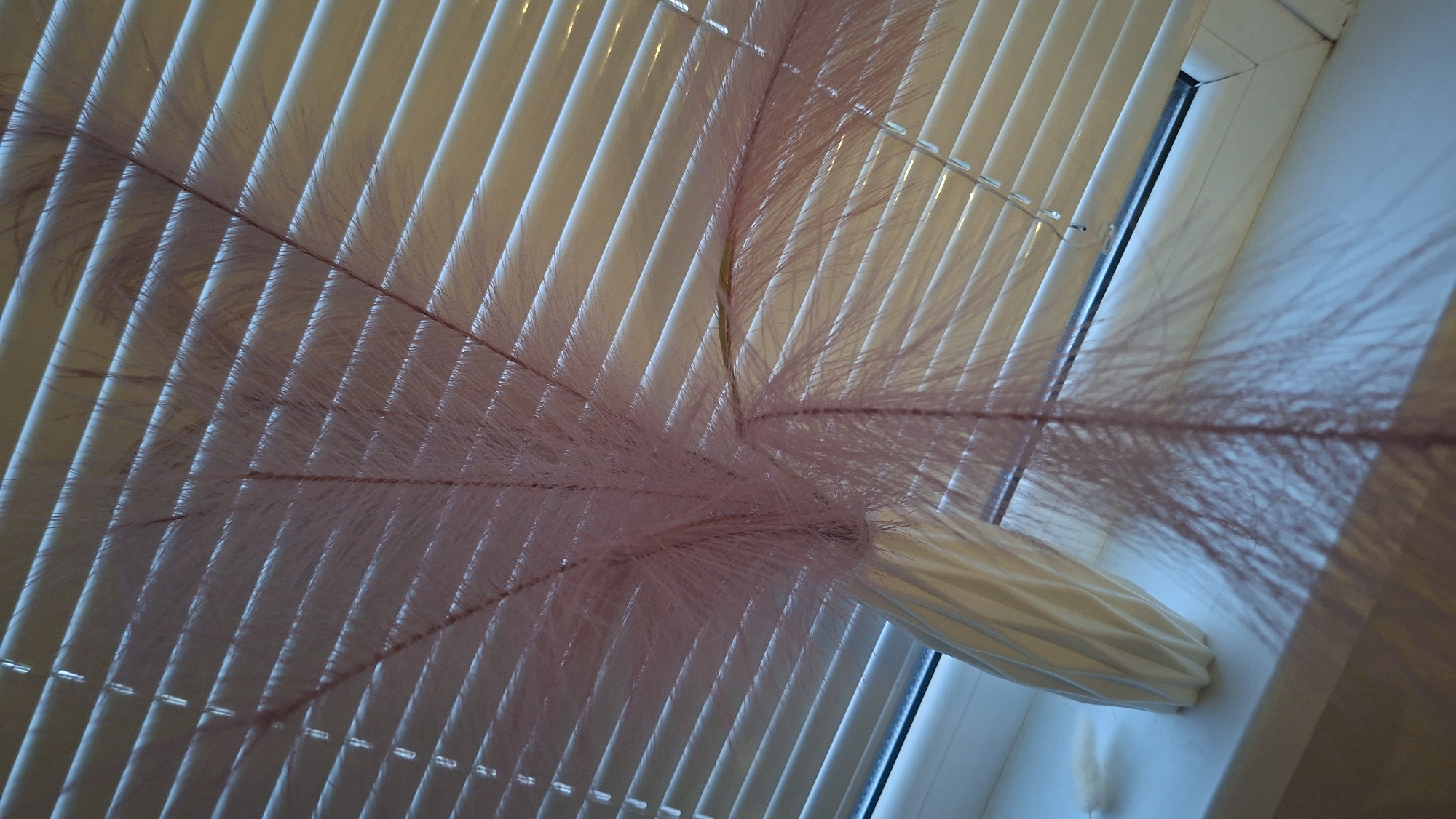A low-angle, eye-level shot depicts a white vase containing pink feather plumes positioned in front of closed white Venetian blinds. The vase sits on a white windowsill against a blue-tinged wall. The scene appears to be indoors and is well-lit, with light filtering through the blinds. The specific location in Chaikovsky, Russia cannot be determined from the image.