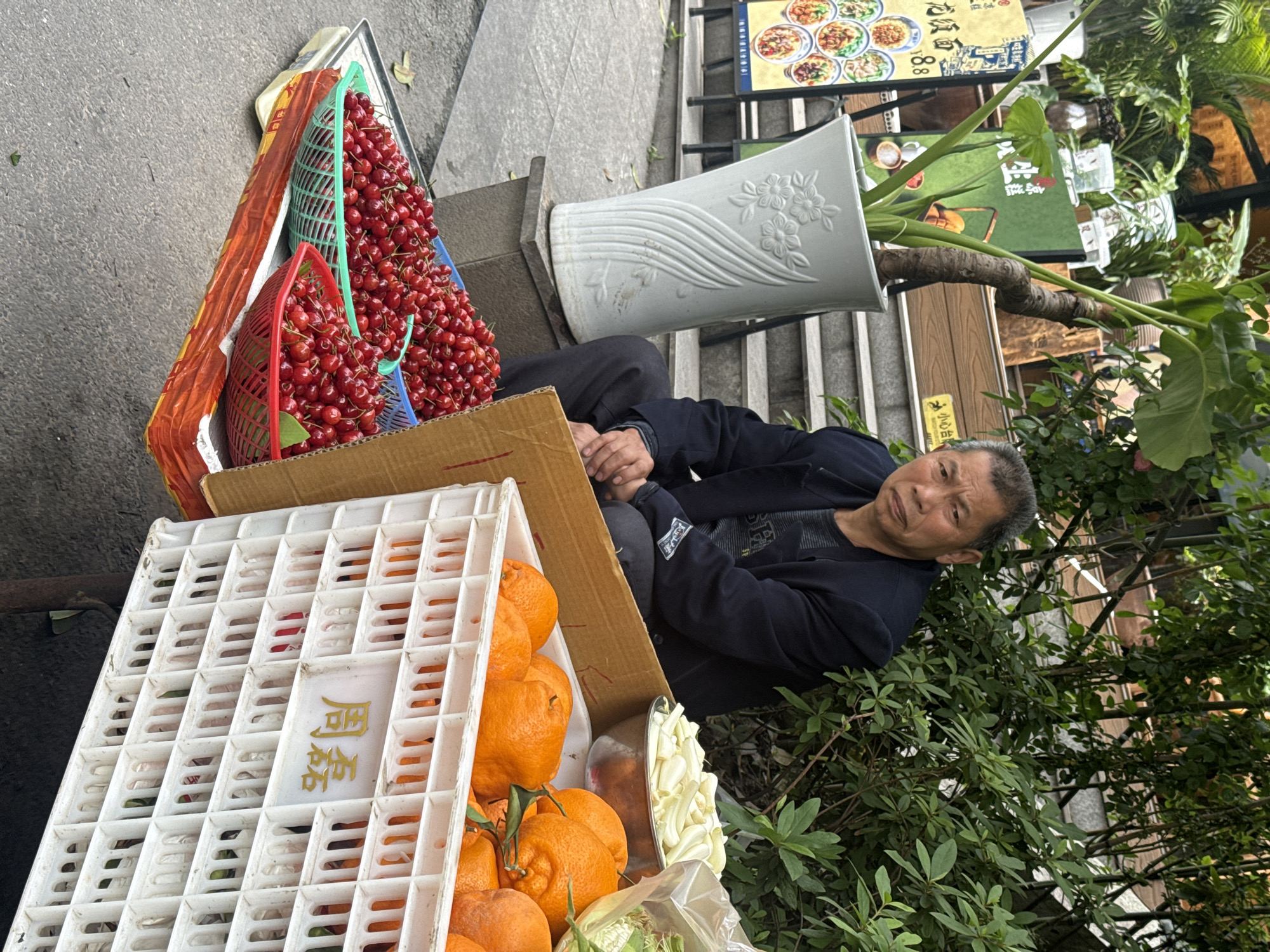 An older Asian man sits amidst fresh produce and plants in what appears to be Yuzhong District, China. He is seated near baskets brimming with cherries, a white plastic crate of oranges, and a collection of other vegetables. The produce sits on the sidewalk next to a white flower pot filled with greenery, indicating a street vending setup. The man appears relaxed, his posture suggesting a break from work. Behind him, a menu board displays various food items, signaling a nearby restaurant or eatery. The overall environment suggests an urban scene with commerce and vegetation coexisting.
