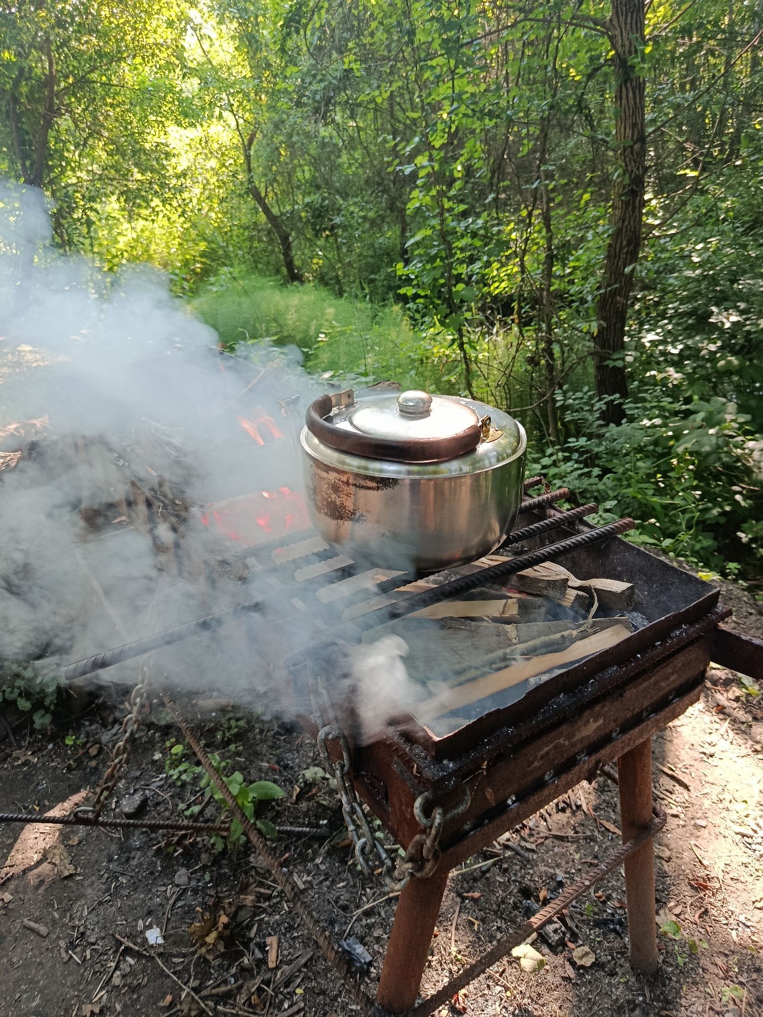 A metal pot with a lid is cooking over an open fire in a rustic barbecue pit. The pit is made of weathered metal and supported by rusty legs, with chains hanging from the sides. The fire below is producing a significant amount of smoke, which billows around the pot and the surrounding area. The barbecue pit is situated outdoors in a wooded area, with lush green trees and foliage forming a dense backdrop. Sunlight filters through the leaves, suggesting it is daytime. The ground is covered with dirt, leaves, and small twigs, indicating a natural, possibly wild, setting. The overall impression is of a casual outdoor cooking activity, possibly camping or a picnic. No people are visible in the image. There is no visible text. The location context of Argun, Russia, suggests a rural or natural landscape.
