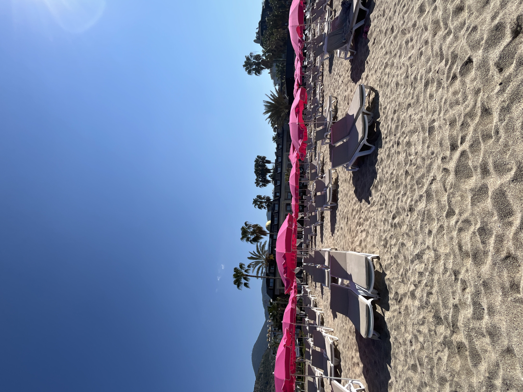 The image depicts a beach in Alanya, Turkey, with rows of pink umbrellas and white lounge chairs on the sand. Palm trees and buildings line the edge of the beach, against a clear blue sky. The scene is bathed in sunlight, casting shadows on the sand. No people are visible.