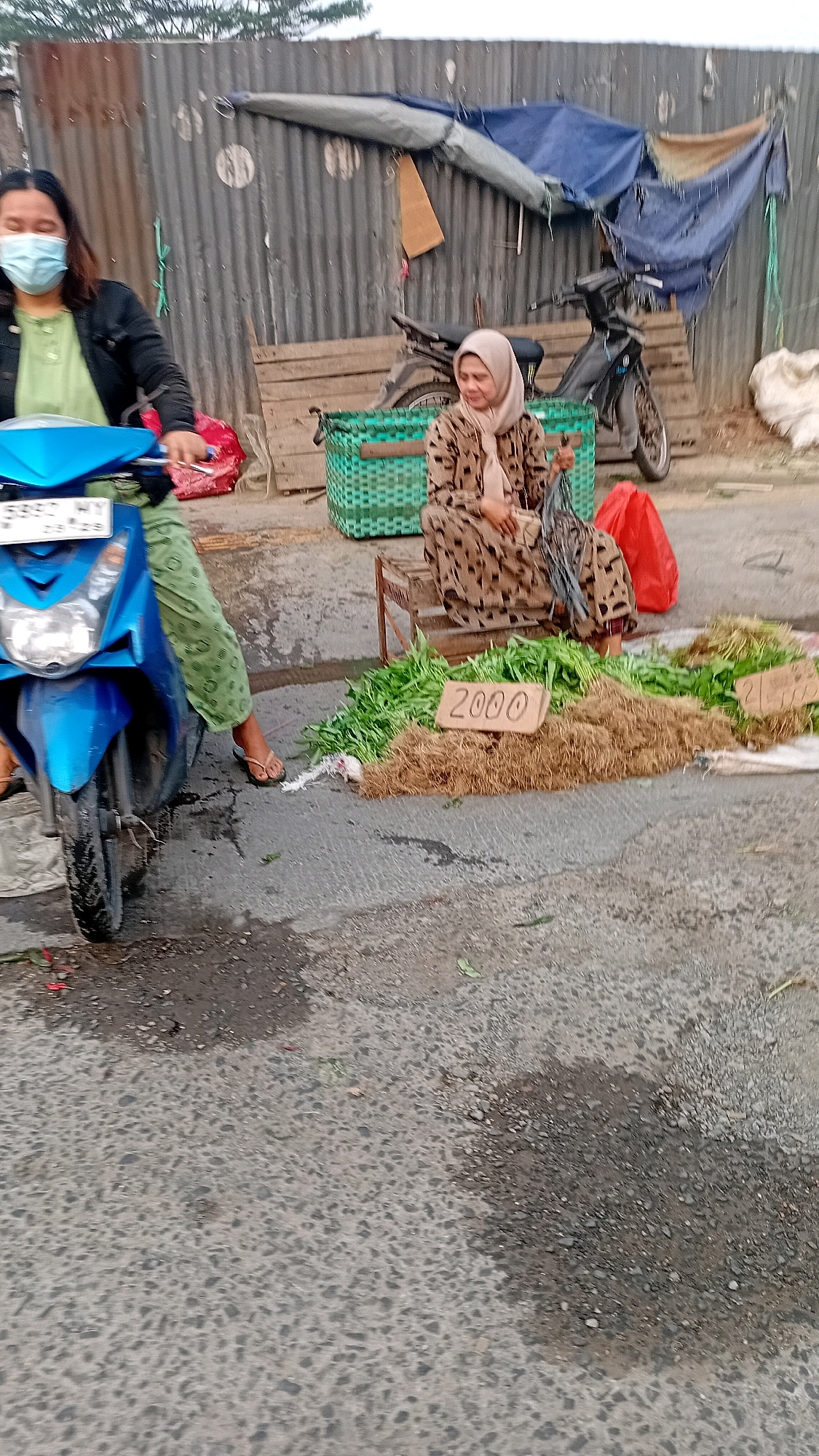 A woman wearing a light green shirt and a face mask sits on a blue motorcycle. She is parked next to a stall where another woman, wearing a patterned dress and hijab, is selling produce. The woman on the motorcycle is on the left side of the frame. The woman at the stall is sitting on a small stool with her legs crossed, and she is holding a bundle of what appears to be vegetables. In front of her, on the ground, are piles of fresh produce, including leafy green vegetables and what looks like straw or dried roots. A sign with the number "2000" is placed in front of one of the piles. In the background, there is a corrugated metal fence, a blue tarp, and a motorcycle. The scene appears to be outdoors, possibly on a street or market area. The ground is asphalt and wet in some areas. The overall setting suggests a market stall in a semi-urban environment. Based on the context of previous images, this location is in the city of Jambi, Indonesia.
