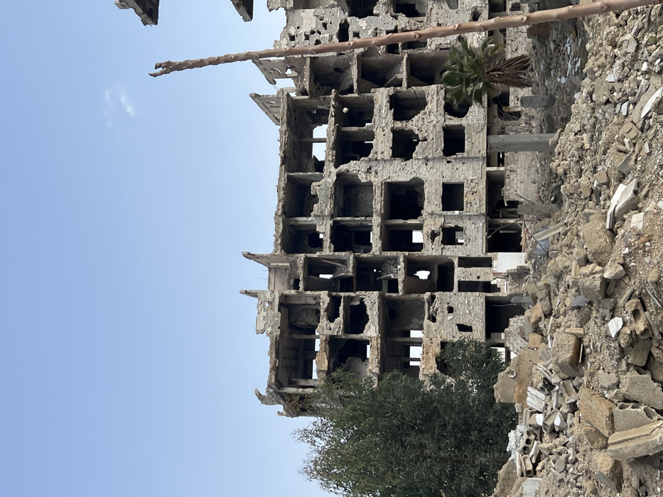The image depicts a severely damaged multi-story concrete building within Joubar Municipality, Syria, under a clear, light blue sky with one faint cloud. The building, possibly a former residential or commercial structure, exhibits extensive structural failure, with large sections of its external walls and internal partitions destroyed or riddled with impacts, exposing rebar and interior spaces. Numerous irregular openings and holes are visible across its several visible floors. A substantial pile of concrete rubble, bricks, and debris occupies the foreground. To the left, a green-leafed tree partially obscures the lower portion of the damaged building. To the right, a small palm tree stands near the building's base. A tall, slender, light-brown pole-like object is positioned vertically on the right side, extending beyond the building's height. A partial view of another damaged structure is visible on the far right. No people or active interactions are present in the scene.