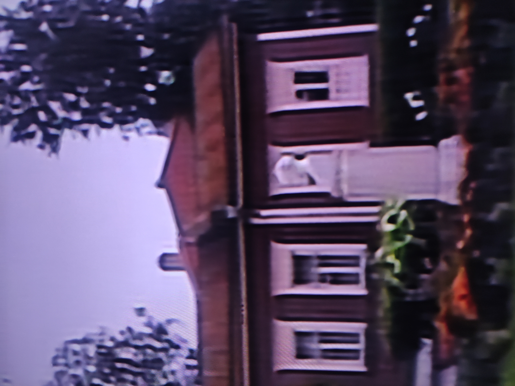 A three-story brick building is visible, featuring windows with white frames. A white figure, possibly a statue, is seen on the second-floor balcony. Trees are on either side of the building. The image appears slightly rotated. The location of this image in Pavlodar, Kazakhstan is unknown.