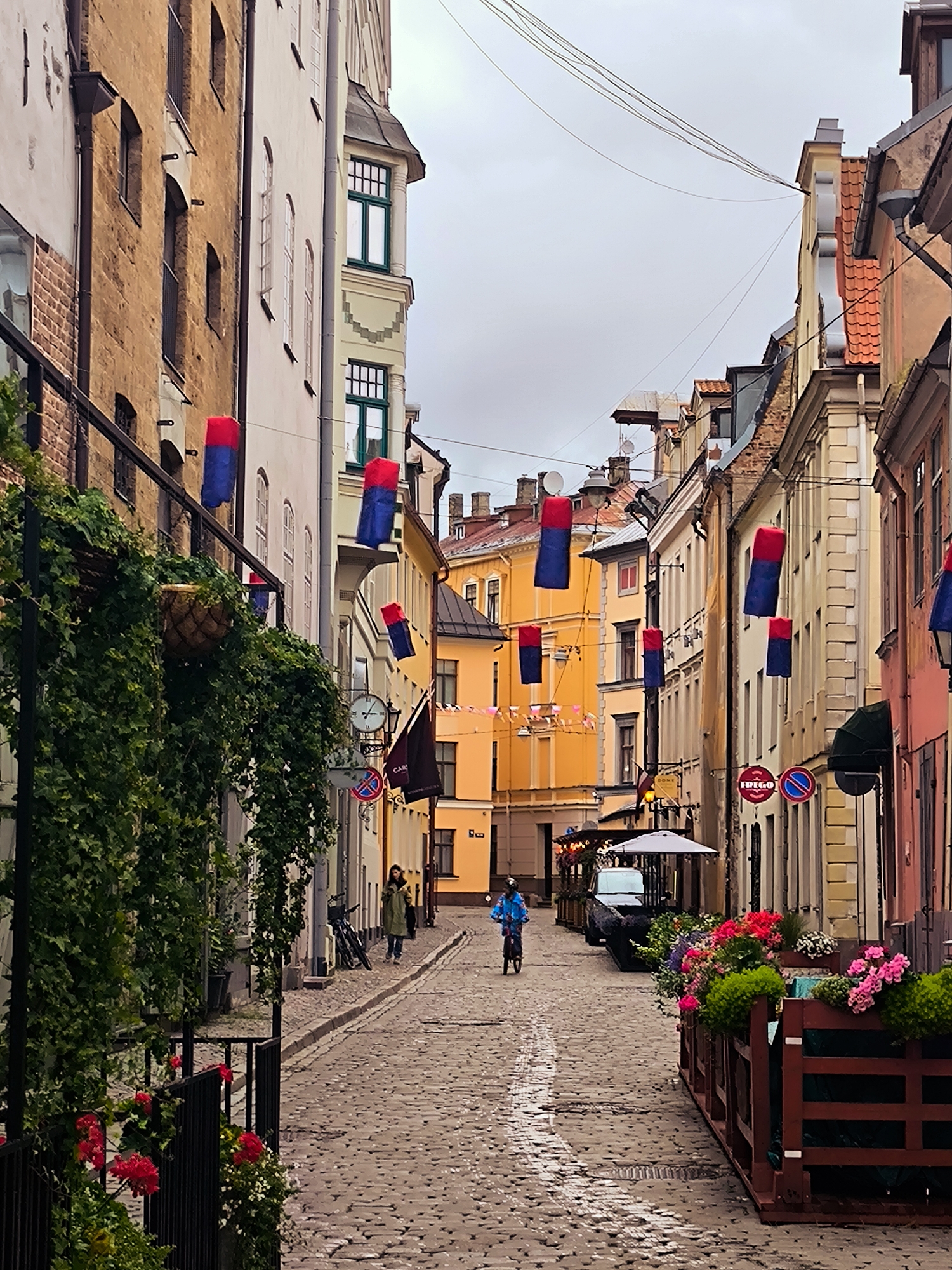 The image shows a cobblestone street in Riga, Latvia, likely in the Old Town, lined with colorful historic buildings. The street is narrow and curves gently into the distance. On the left side, a building with a textured brown facade is covered in lush green ivy. A black metal railing with red flowers in front of it runs along the edge of the sidewalk. Several cylindrical decorations, red on top and blue on the bottom, are hanging from wires strung across the street.
In the middle ground, a person in a blue jacket rides a bicycle away from the camera. A dark vehicle is parked on the right side of the street, next to outdoor seating with wooden planters filled with colorful flowers. A woman in a green coat walks on the sidewalk on the left side of the street, further down. The sky is overcast, and the overall atmosphere is one of a European city in a temperate climate. Architectural details of the buildings, such as arched windows and ornate cornices, are visible.