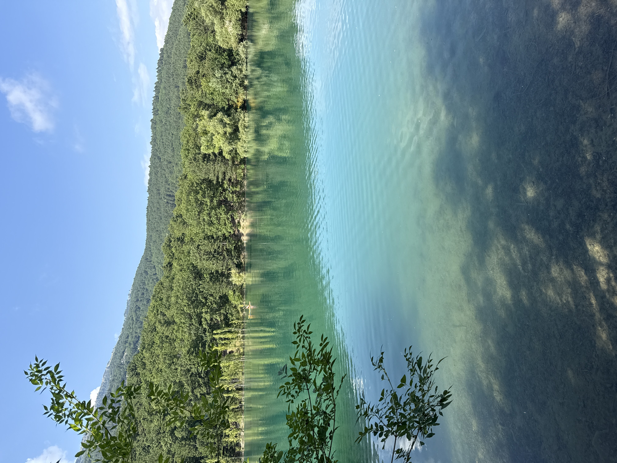 A vertical, eye-level, full shot captures a serene lake scene under a clear blue sky with scattered clouds. In the foreground, lush green leaves and branches from a tree hang from the left edge, partially obscuring the view. The lake itself is a striking turquoise, with the shallow bottom visible near the shore, appearing sandy with scattered debris. Ripples on the water's surface create a textured effect.
Across the lake, a dense line of trees forms the background, with a gently sloping, tree-covered mountain rising behind them. The reflections of the trees and the mountain are visible on the tranquil water. In the mid-distance on the lake, a small, light-colored boat with one person paddling can be observed. The overall impression is one of natural beauty and tranquility.